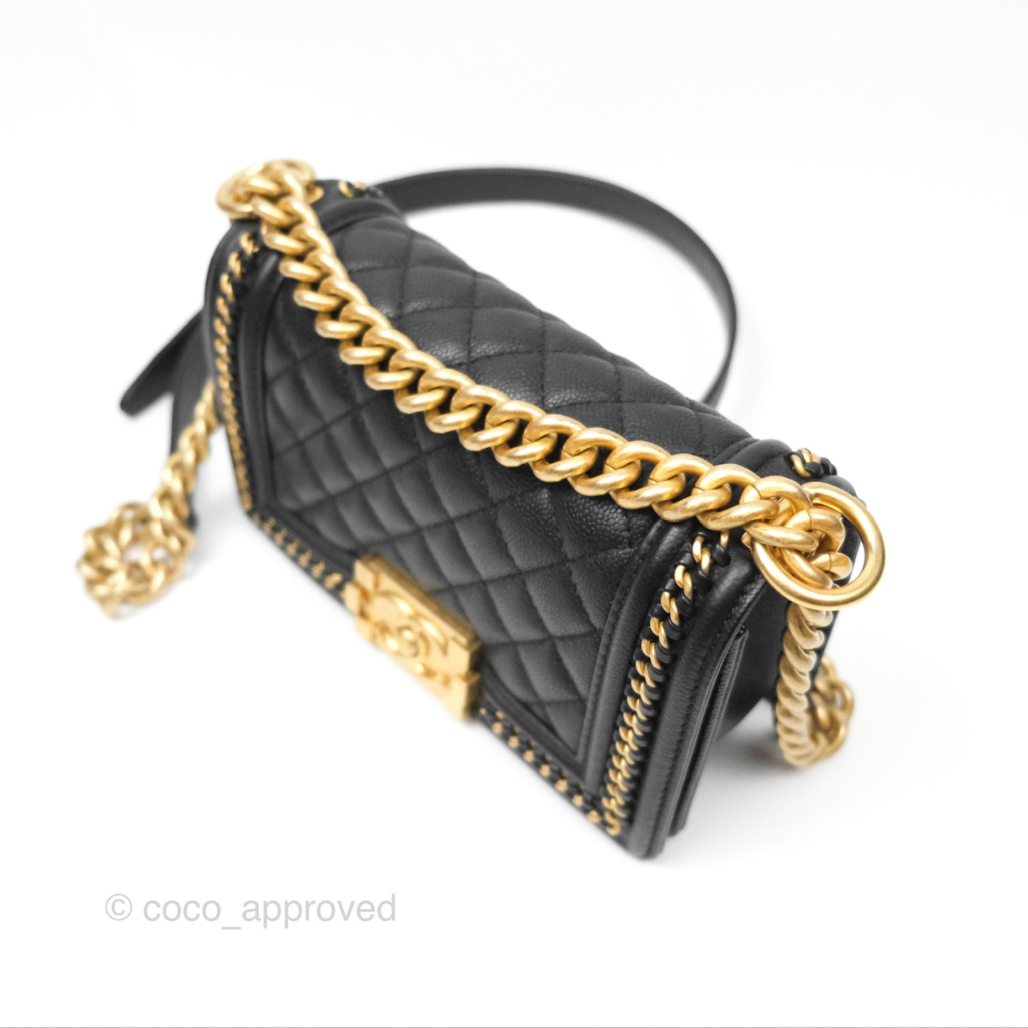 Chanel Small Chain Around Boy Quilted Black Caviar Aged Gold Hardware