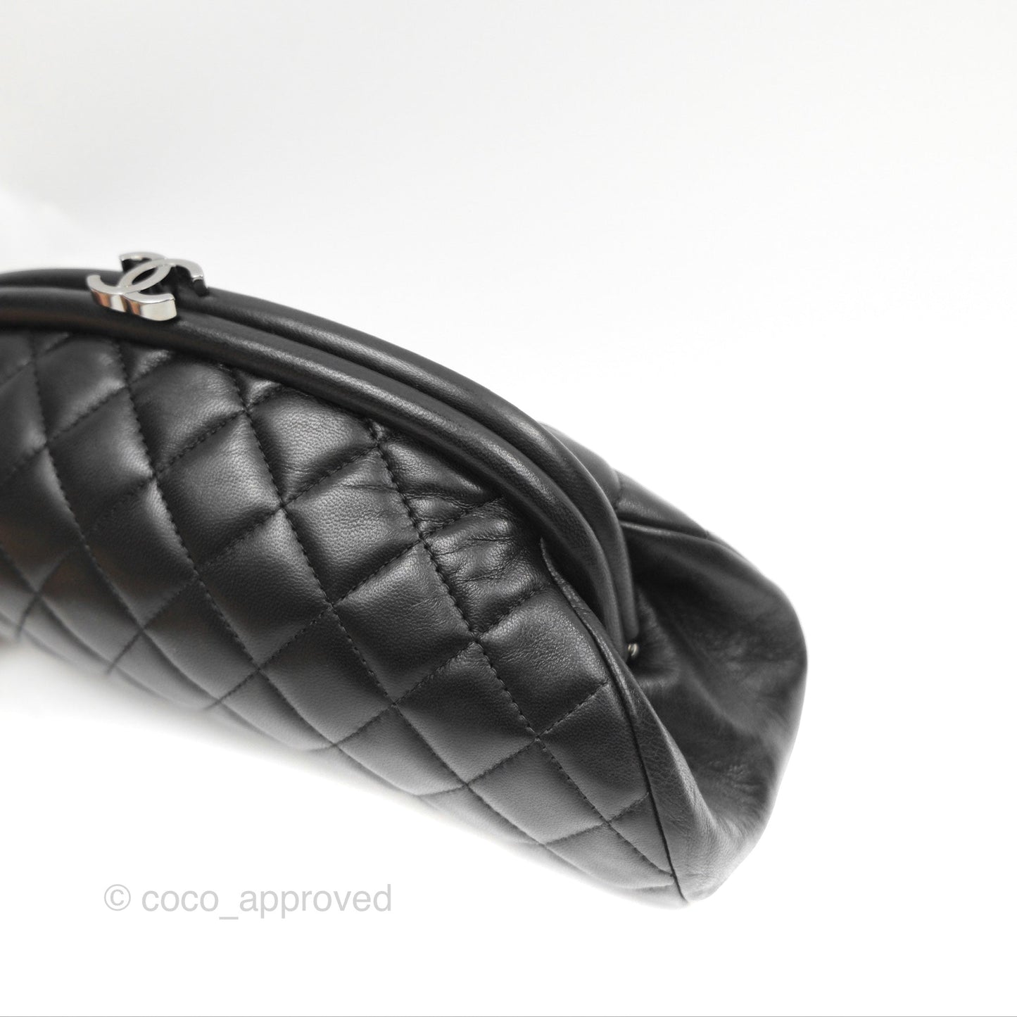 Chanel Quilted Timeless Kisslock Clutch Black Lambskin Silver Hardware