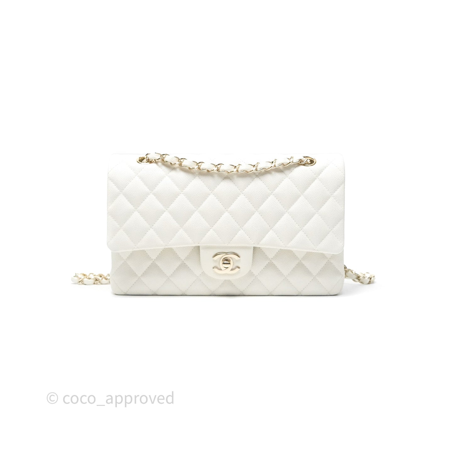 Chanel M/L Medium Classic Flap Quilted White Caviar Gold Hardware