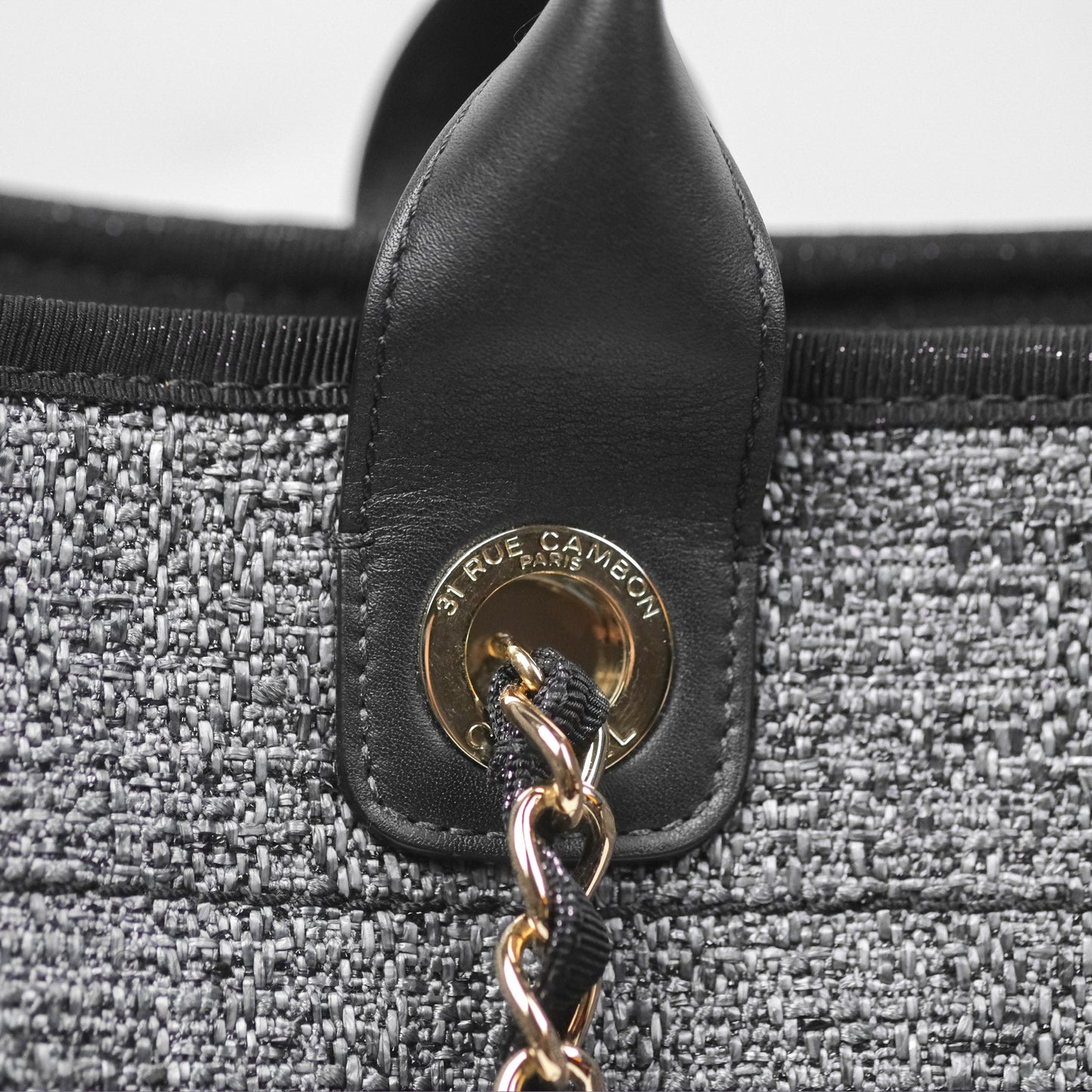 Chanel Large Deauville Glitter Black Grey Raffia Gold Hardware