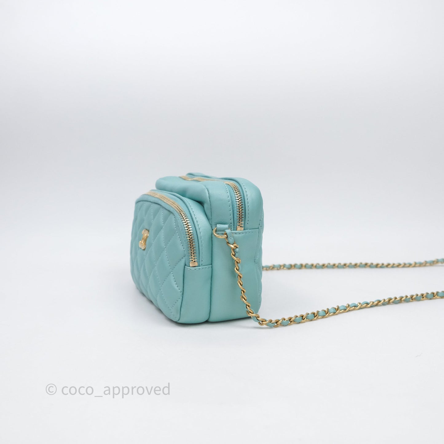 Chanel Camera Bag Quilted Pearly Turquoise Lambskin Aged Gold Hardware