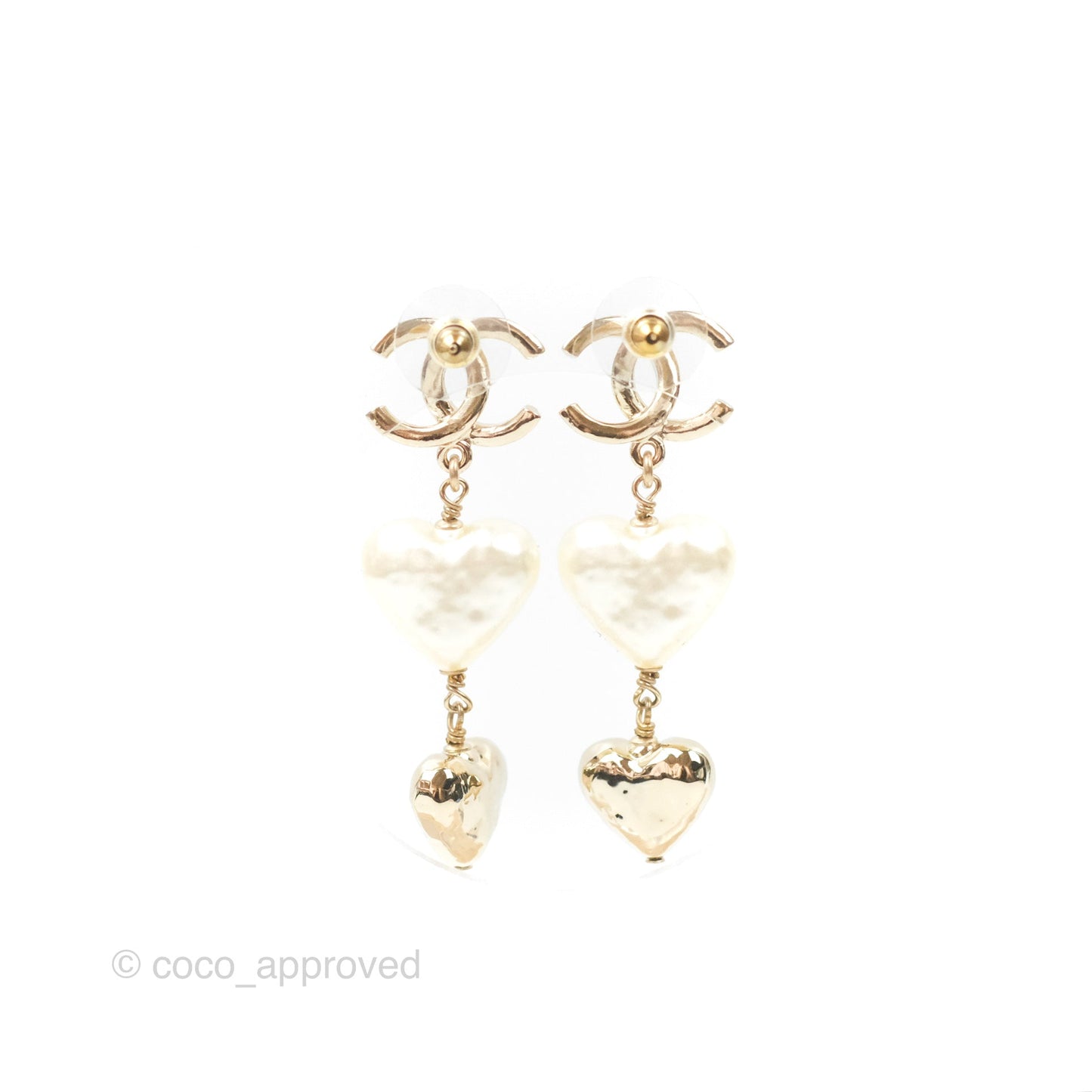 Chanel CC Pearl Heart Drop Earrings Gold Tone 22C