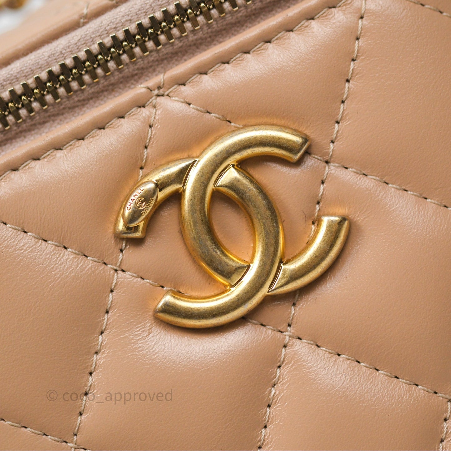 Chanel Quilted Mini Perfect Fit Vanity With Chain Beige Calfskin Aged Gold Hardware
