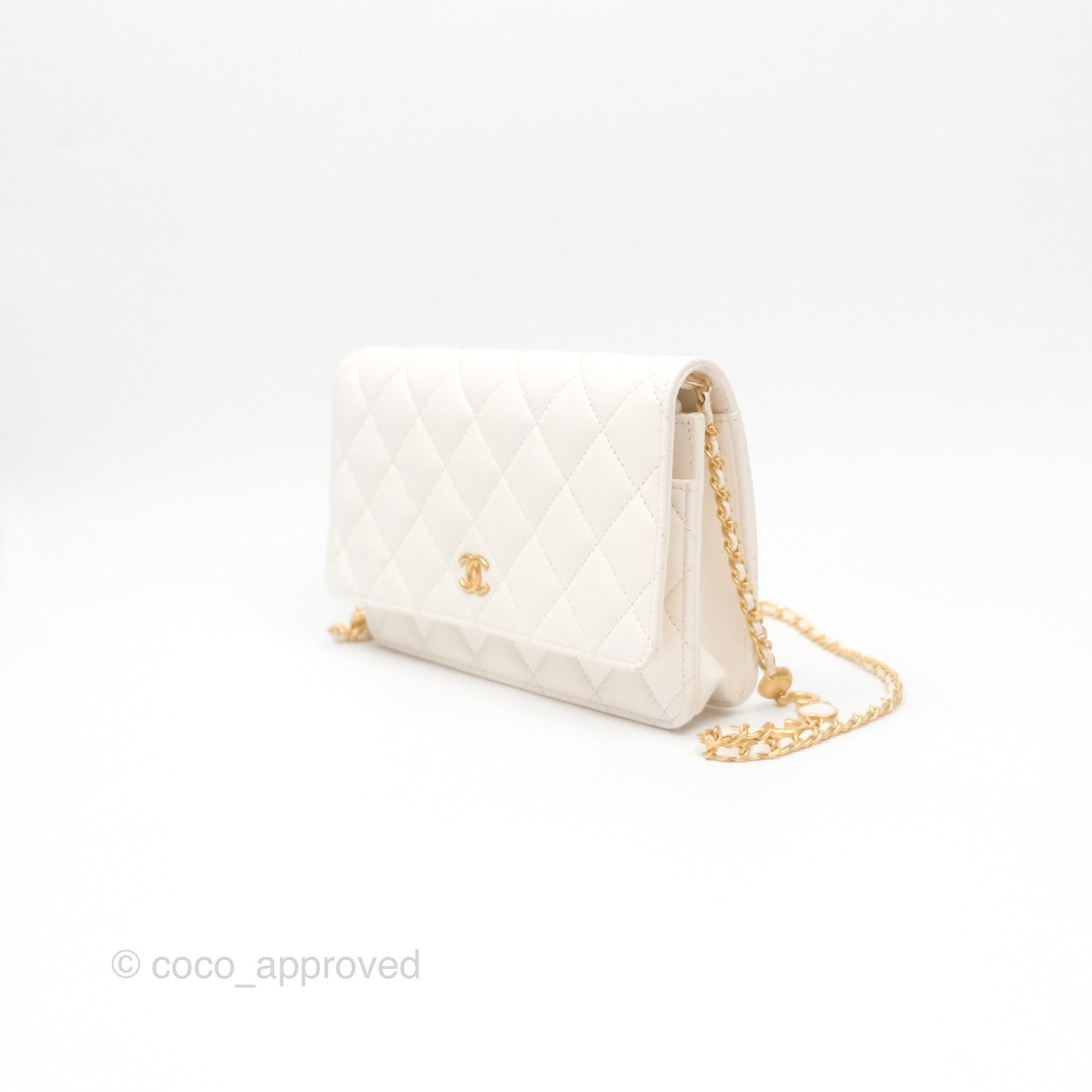 Chanel Quilted Wallet on Chain WOC Coco Heart Chain White Lambskin Aged Gold Hardware 22K