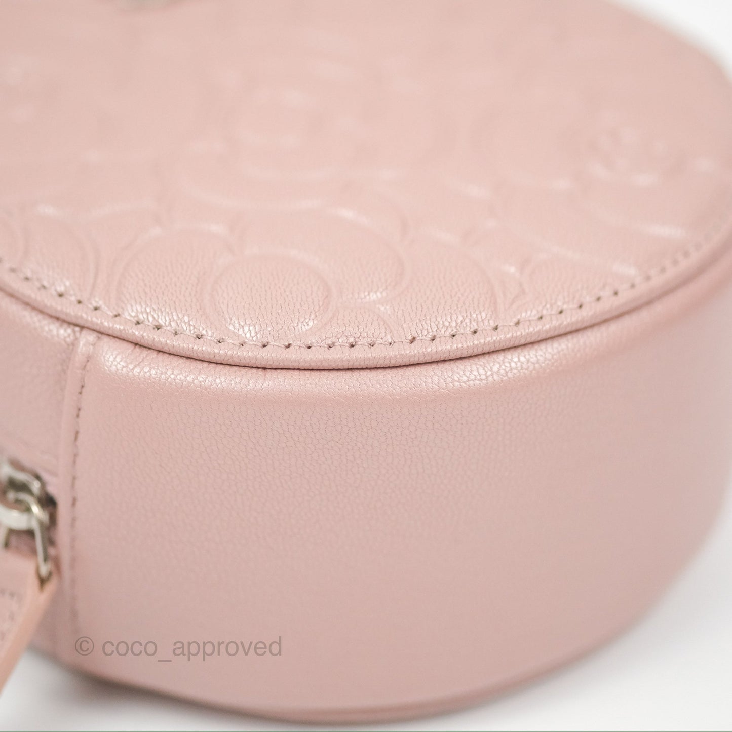 Chanel Camellia Embossed Round Clutch With Chain Iridescent Light Pink Goatskin Silver Hardware