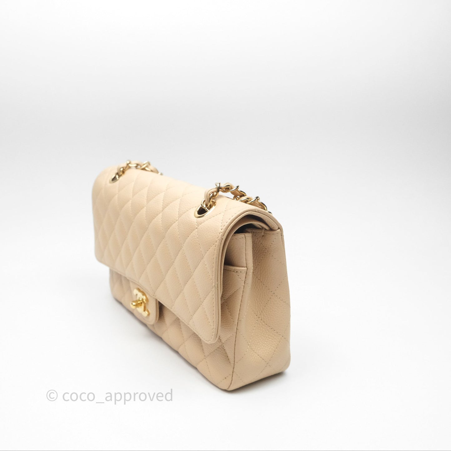 Chanel M/L Medium Classic Flap Quilted Beige Caviar Gold Hardware