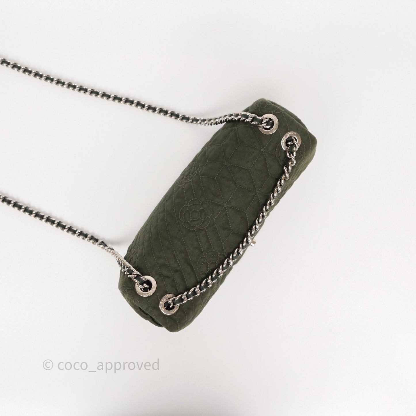 Chanel Camellia Flap Bag Army Green Denim Silver Hardware