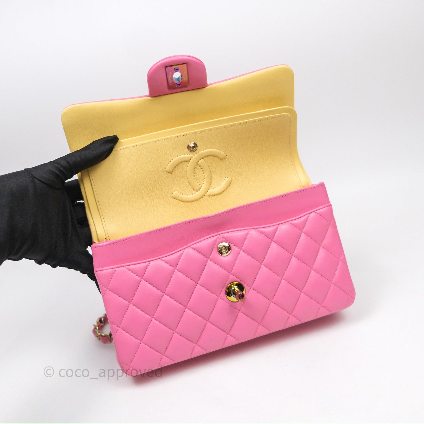 Chanel Small Classic Flap Quilted Pink Lambskin Rainbow Hardware