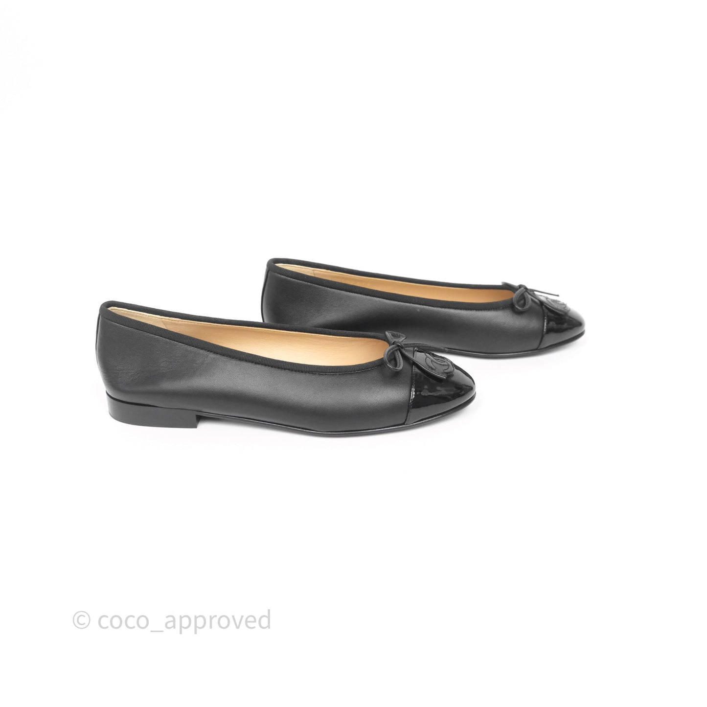 Chanel Calfskin Black Patent Cap-Toe Ballet Flats Size 37