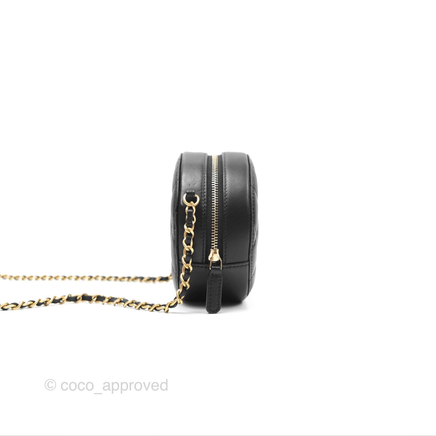 Chanel Quilted Round Pearl Crush Clutch With Chain Black Lambskin Aged Gold Hardware