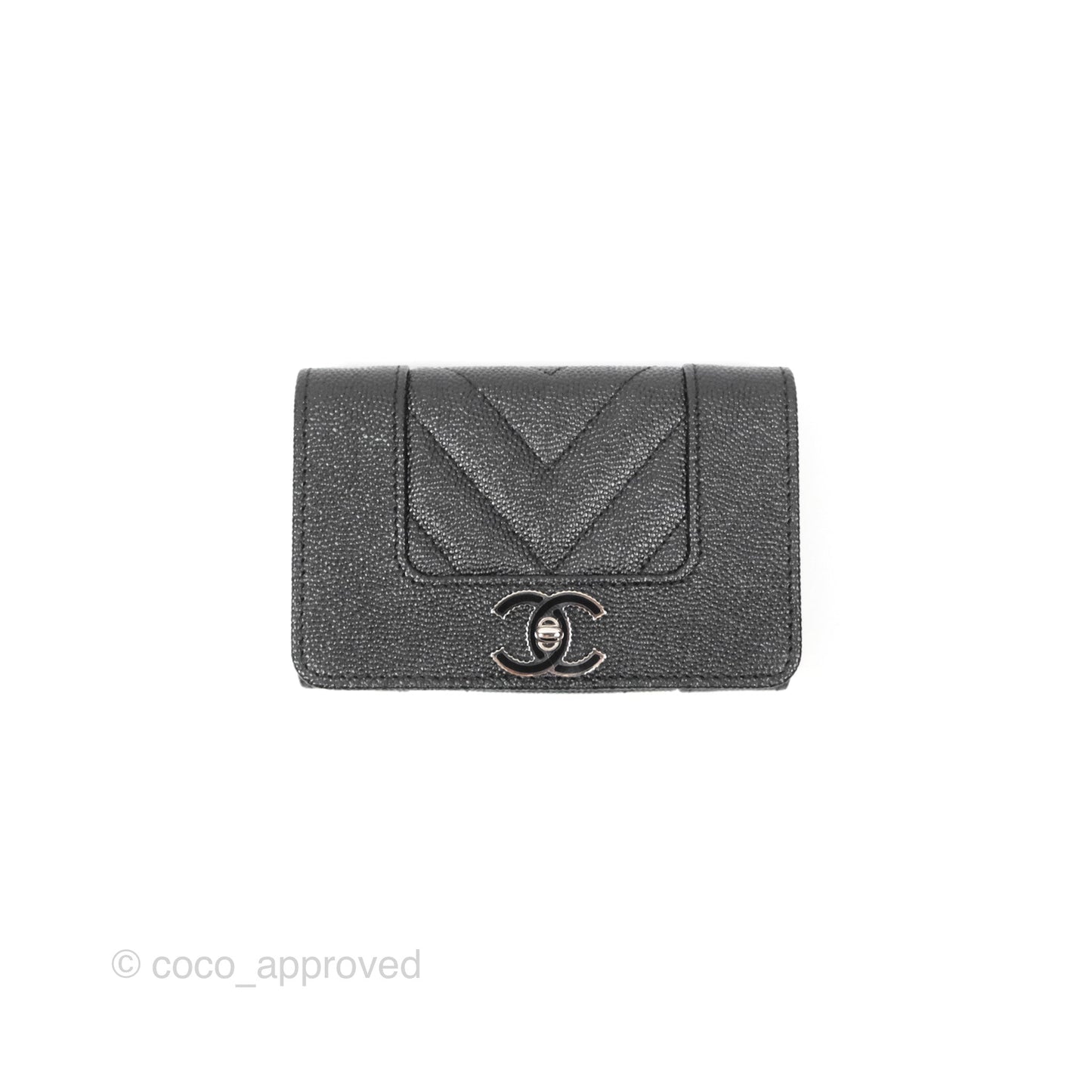 Chanel Chevron Mademoiselle Card Holder Iridescent Black Caviar Silver Hardware