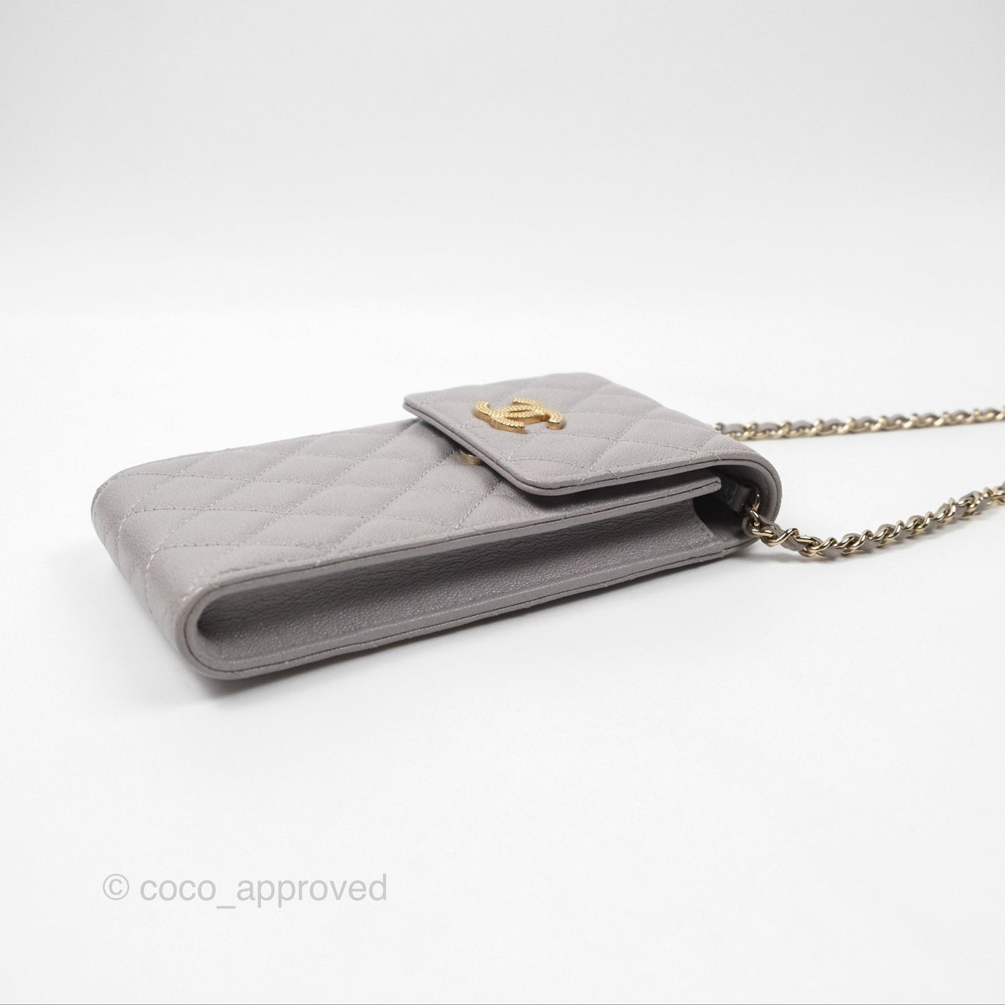 Chanel Quilted Phone Holder Grey Caviar Gold Hardware