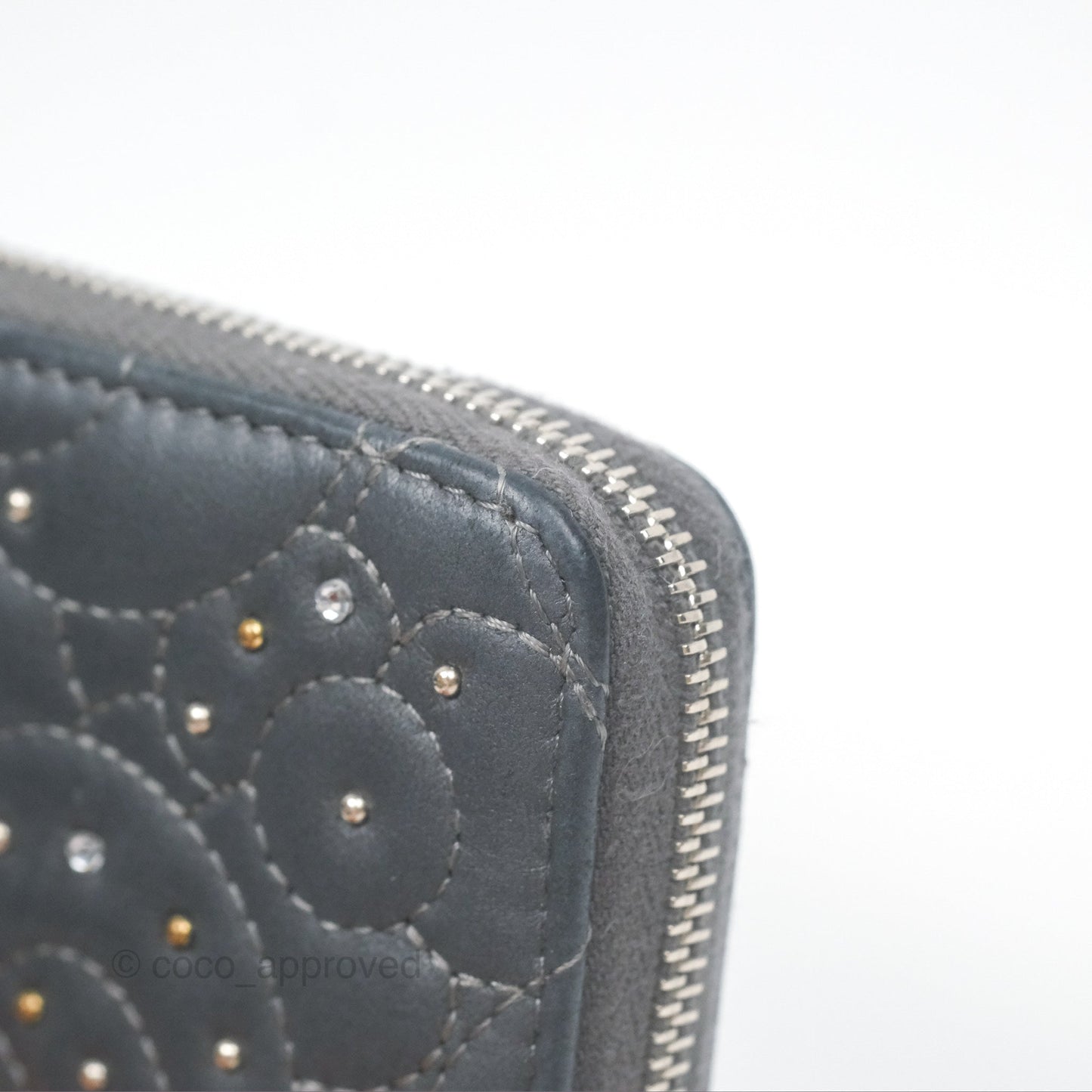 Chanel Camellia Crystal Studded Zipped Coin Purse Grey Silver Hardware