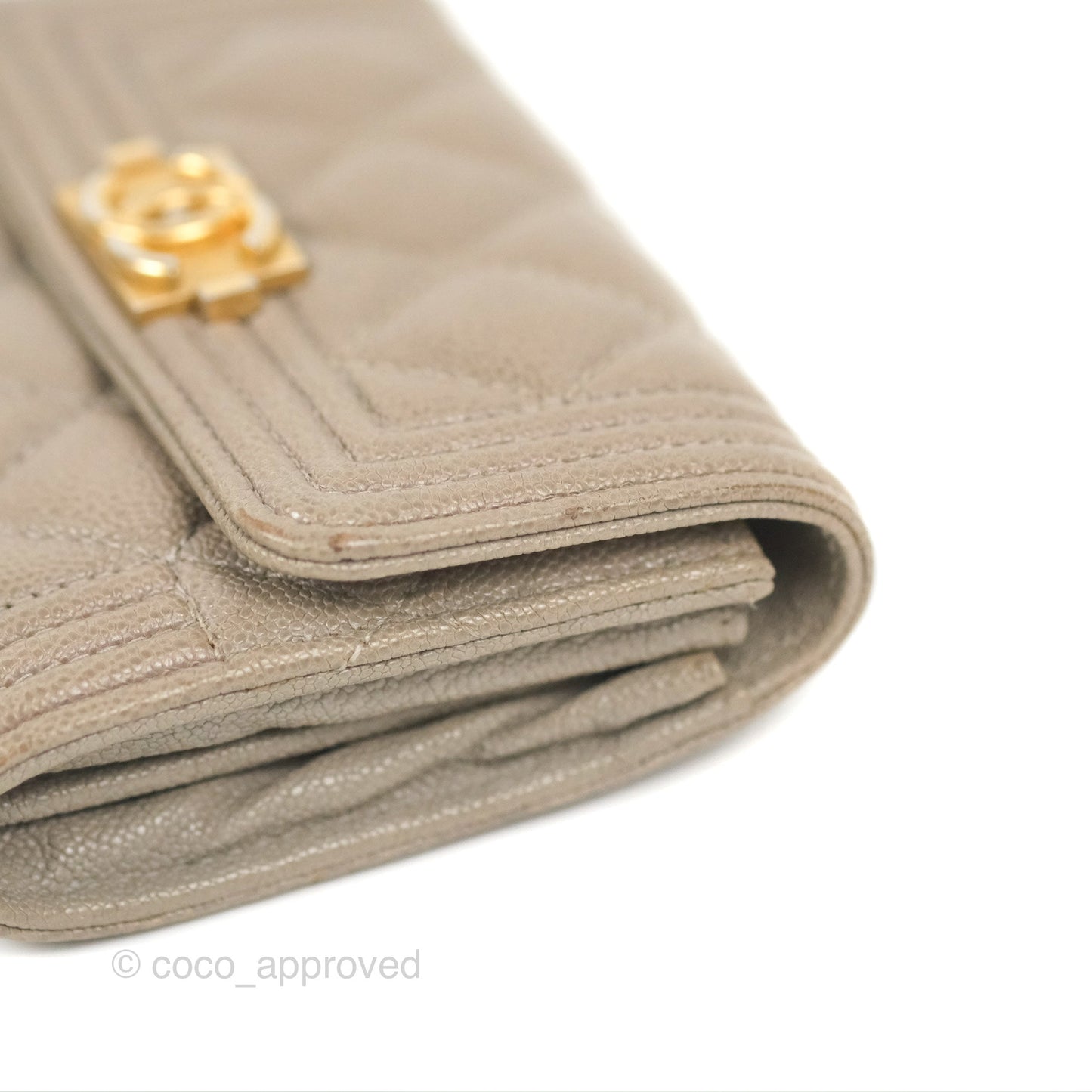 Chanel Quilted Boy Flap Card Holder Taupe Grey Caviar Aged Gold Hardware