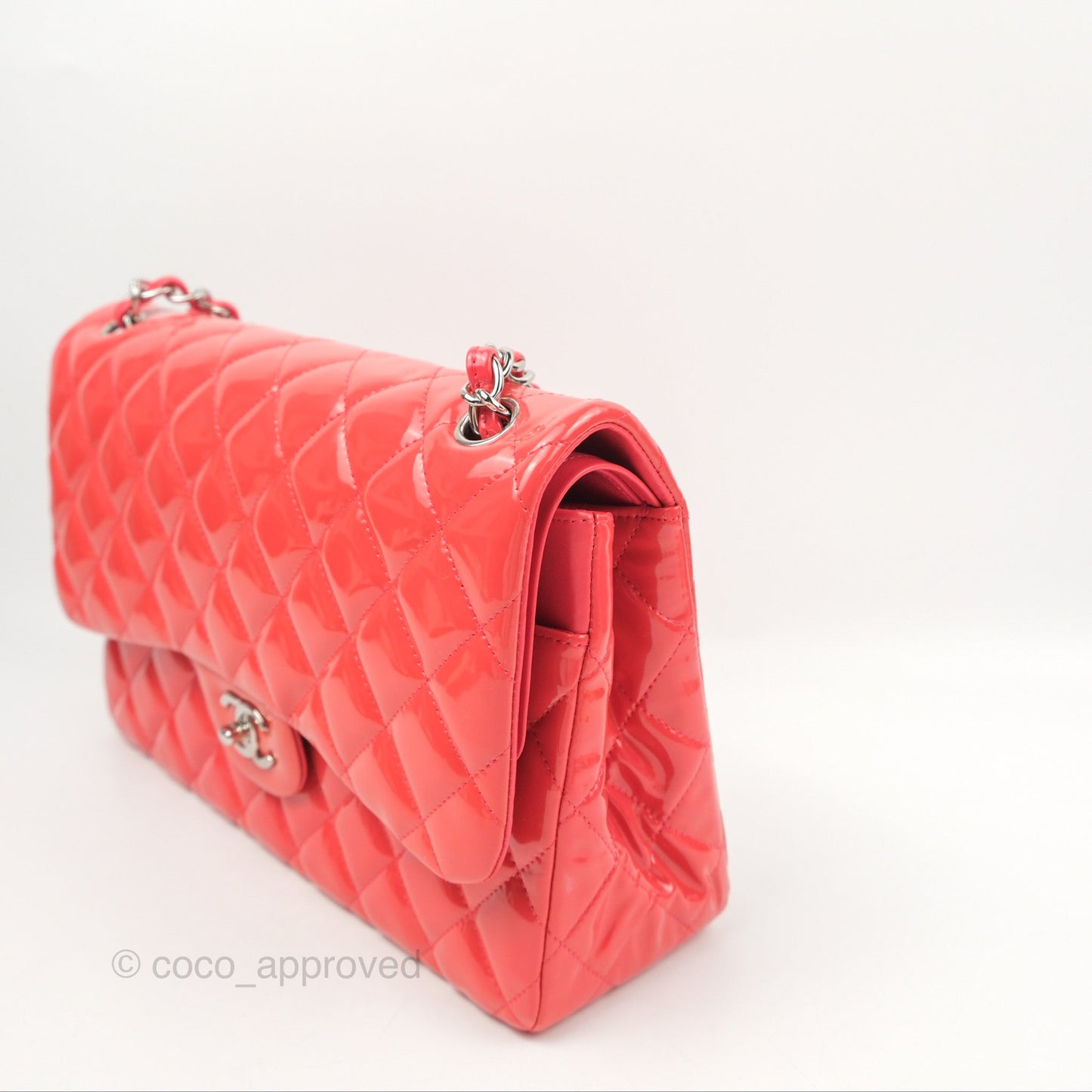 Chanel Jumbo Double Flap Coral Pink Patent Silver Hardware⁣⁣