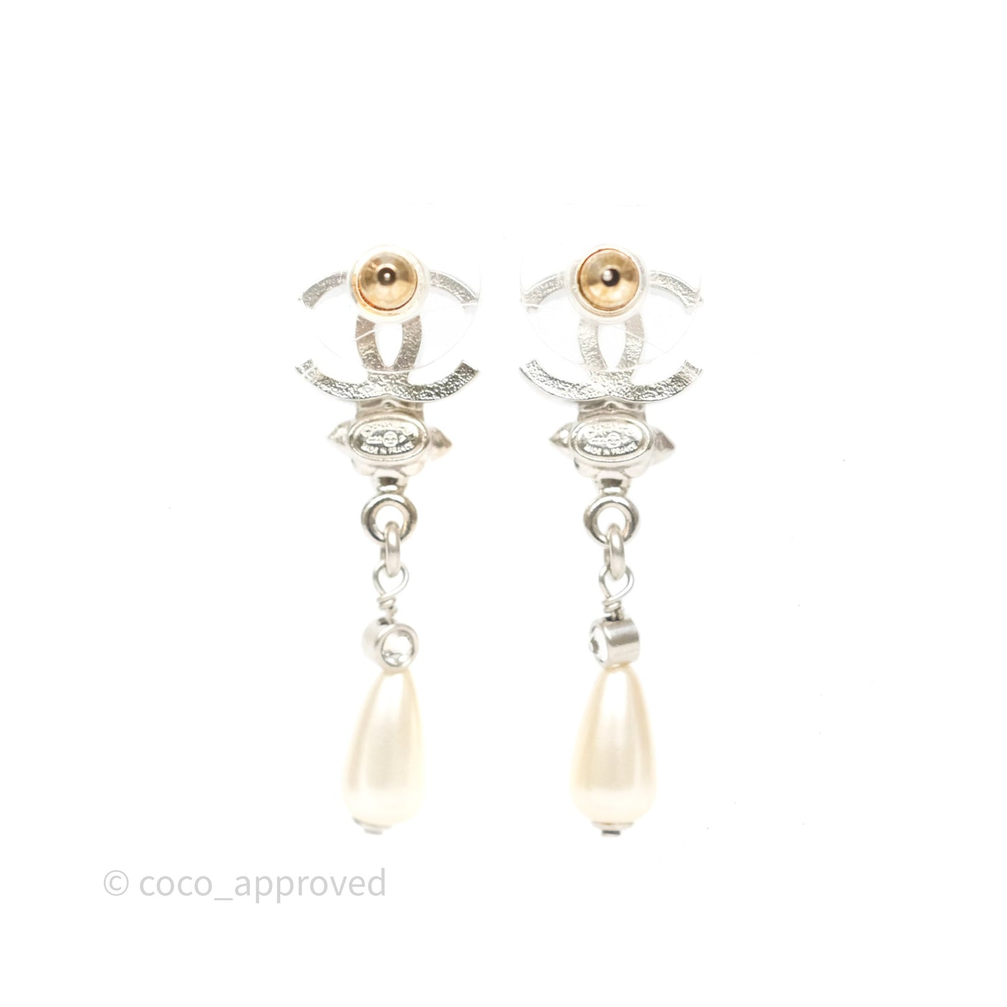 Chanel Crystals CC Tear Pearl Drop Earrings Silver Tone 22P