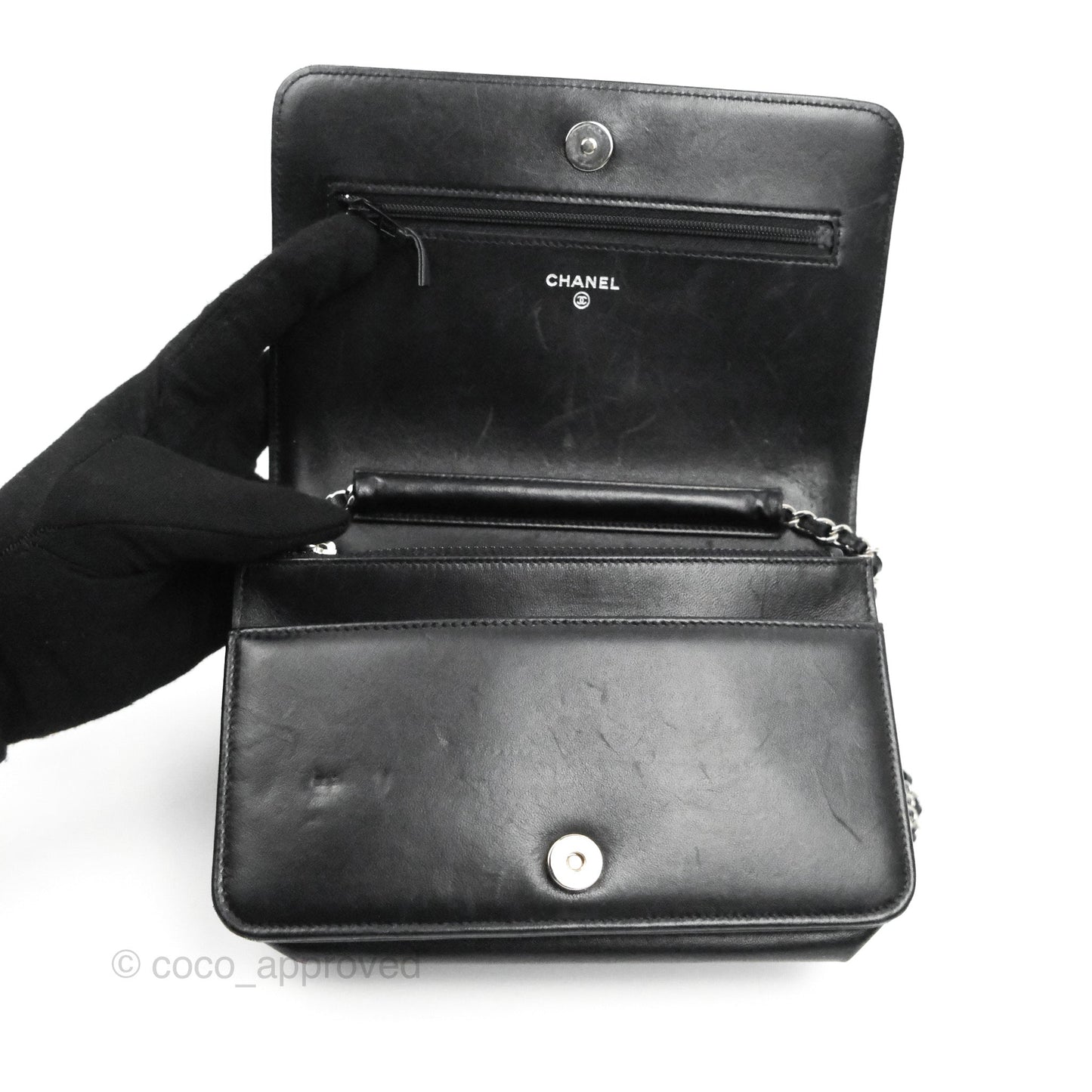 Chanel Quilted Boy Wallet on Chain WOC Black Lambskin Silver Hardware