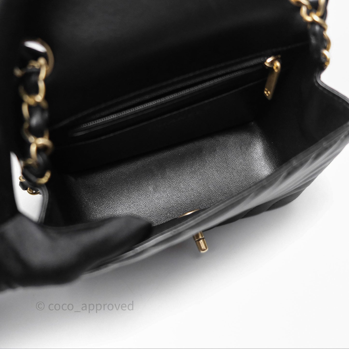 Chanel Mini Square Flap Chevron Black Lambskin Aged Gold Hardware