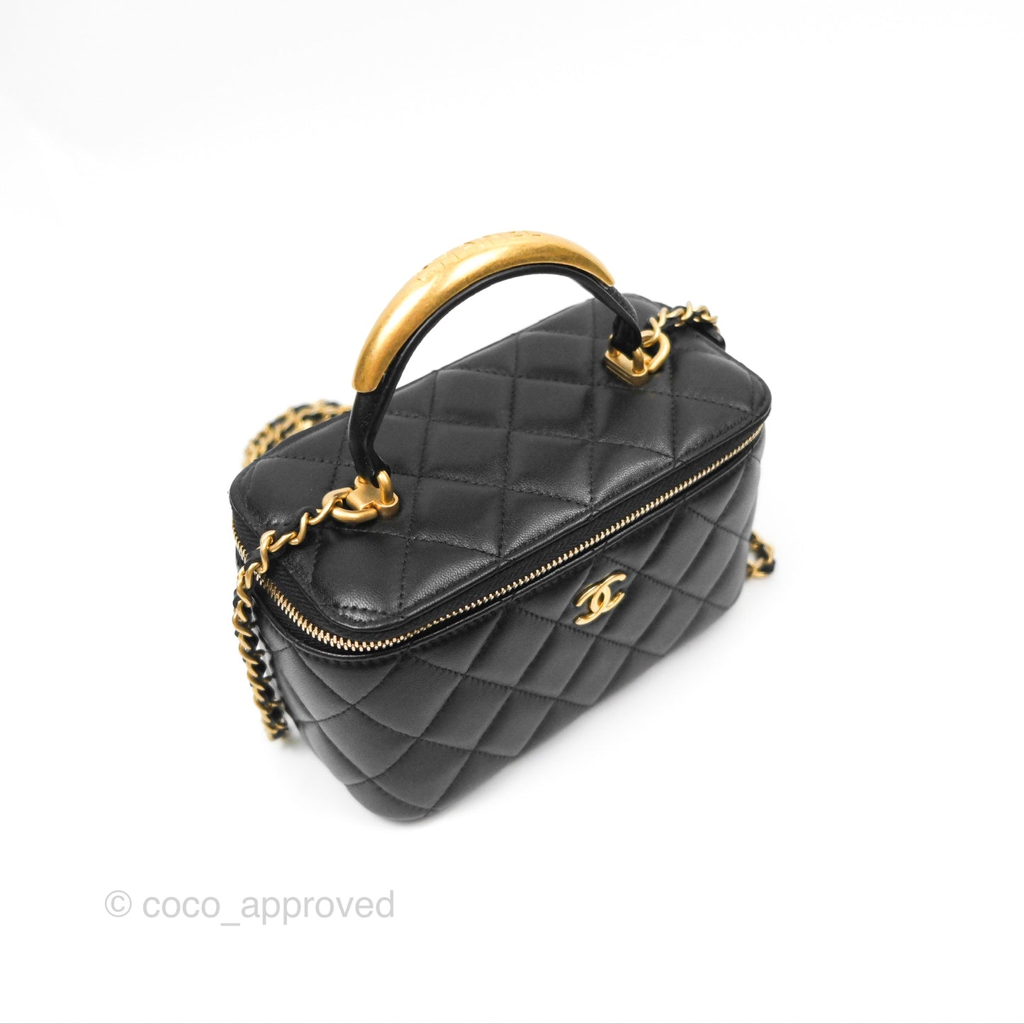 Chanel Vanity Rectangular Metal Top Handle Black Lambskin Aged Gold Hardware 22B