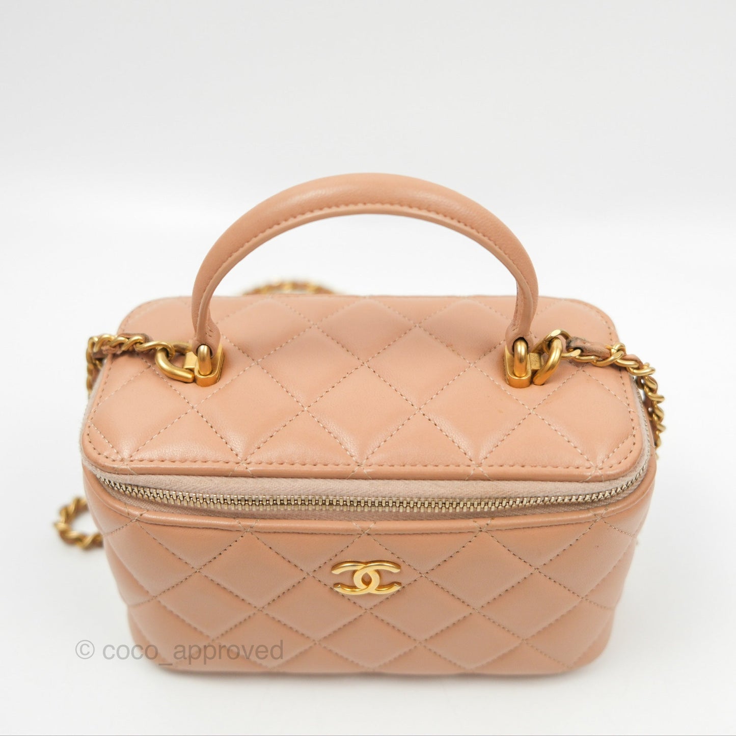 Chanel Vanity Rectangular Top Handle Beige Lambskin Aged Gold Hardware