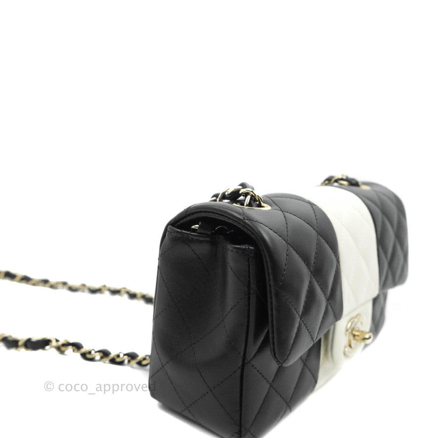 Chanel Quilted Mini Rectangular Flap Black White Lambskin Gold Hardware