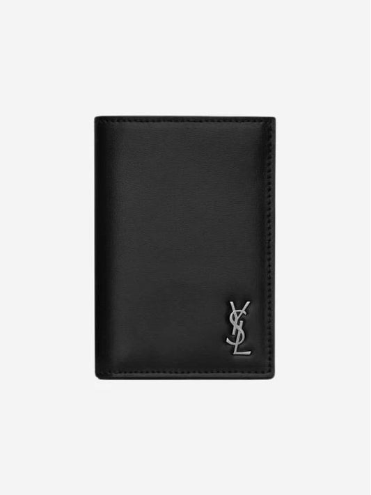 Luxury Saint Laurent Men's Tiny Monogram Logo Half Wallet Black