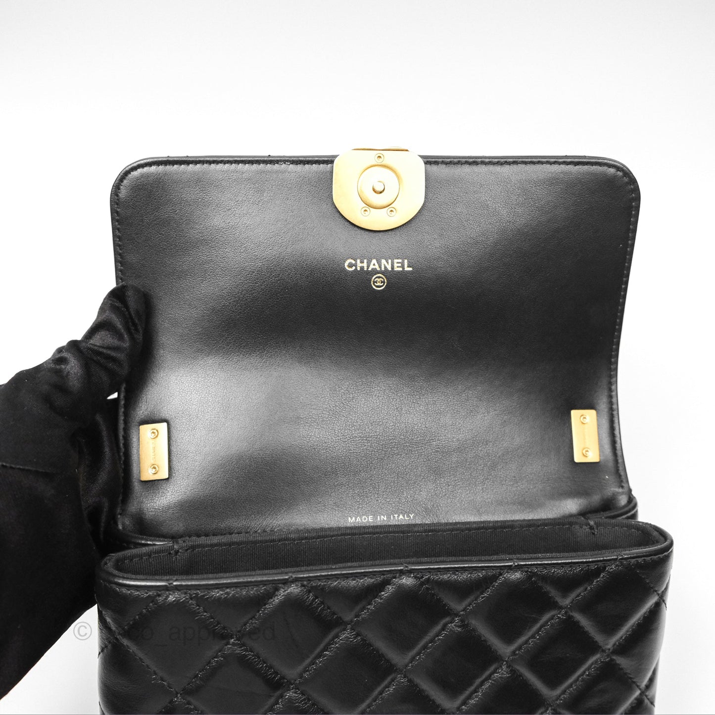 Chanel Mini Flap Bag Black Aged Calfskin Aged Gold Hardware 23K