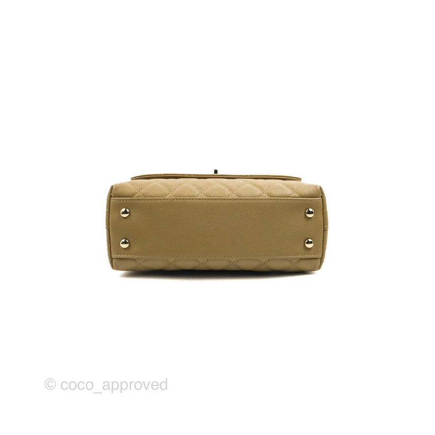 Chanel Small Coco Handle Quilted Dark Beige Caviar Gold Hardware Lizard Handle