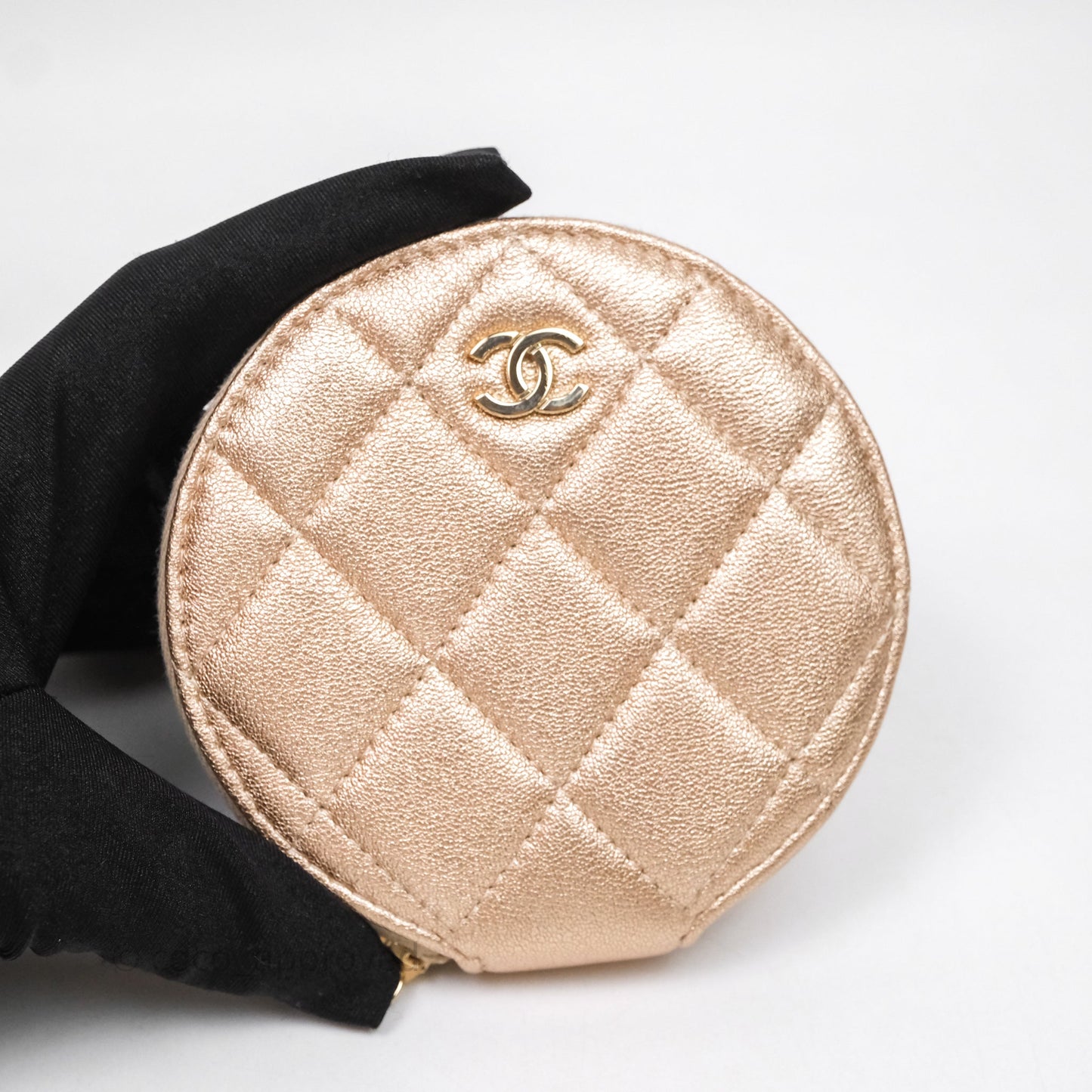 Chanel Quilted Round Coin Purse With Airpods Case Lambskin Metallic Gold Gold Hardware