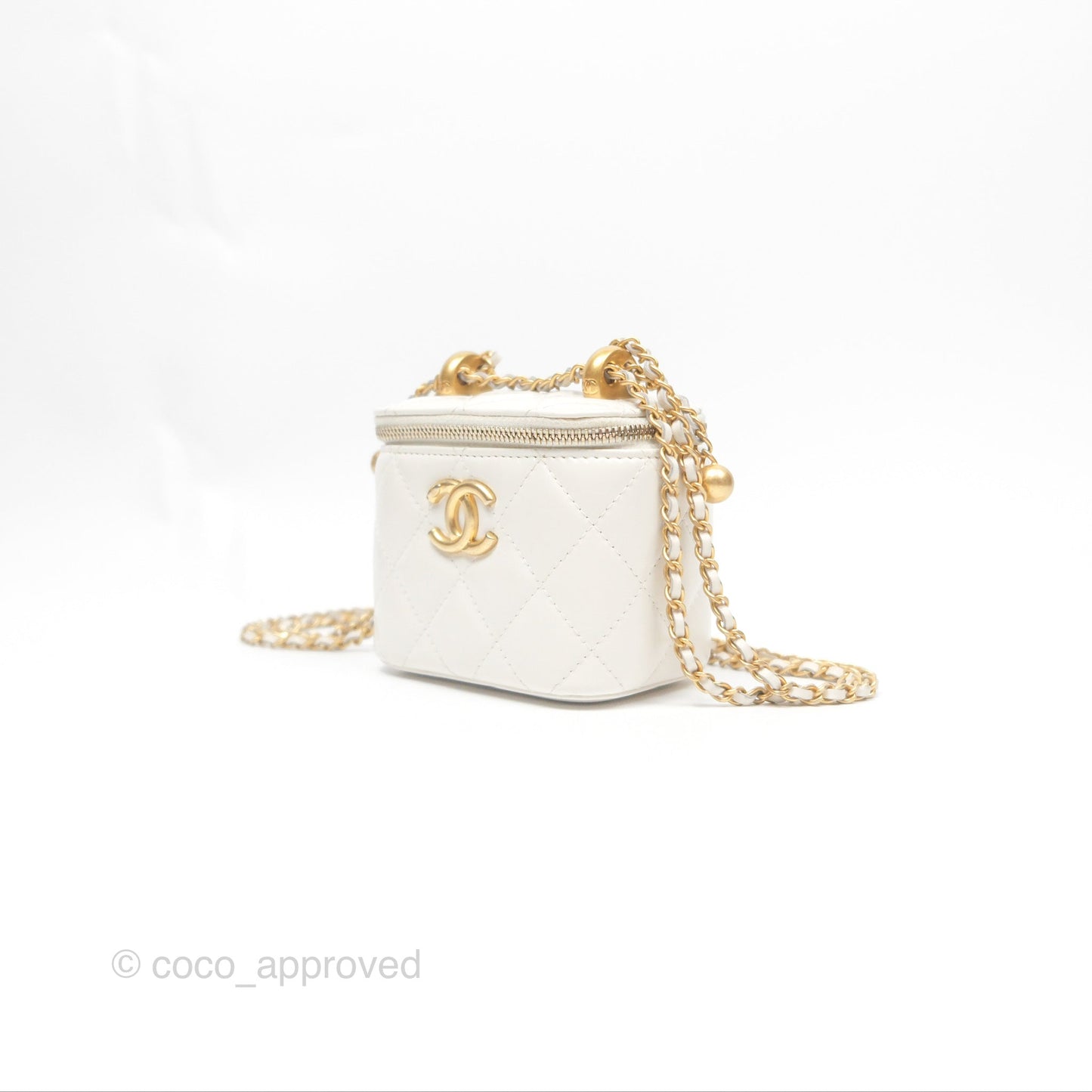 Chanel Quilted Mini Perfect Fit Vanity With Chain White Calfskin Aged Gold Hardware