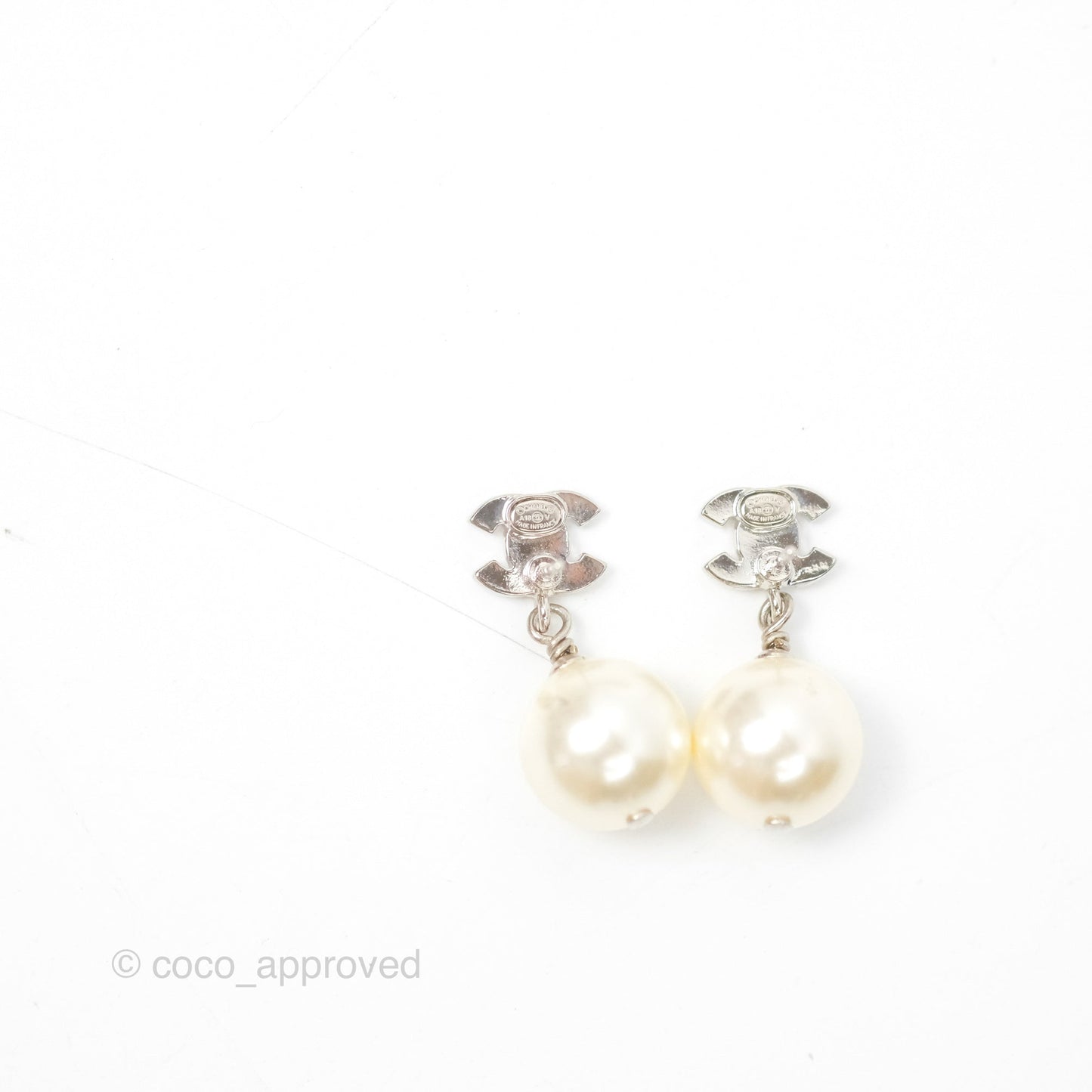 Chanel CC Rhinestone Pearl Drop Earrings Silver Tone