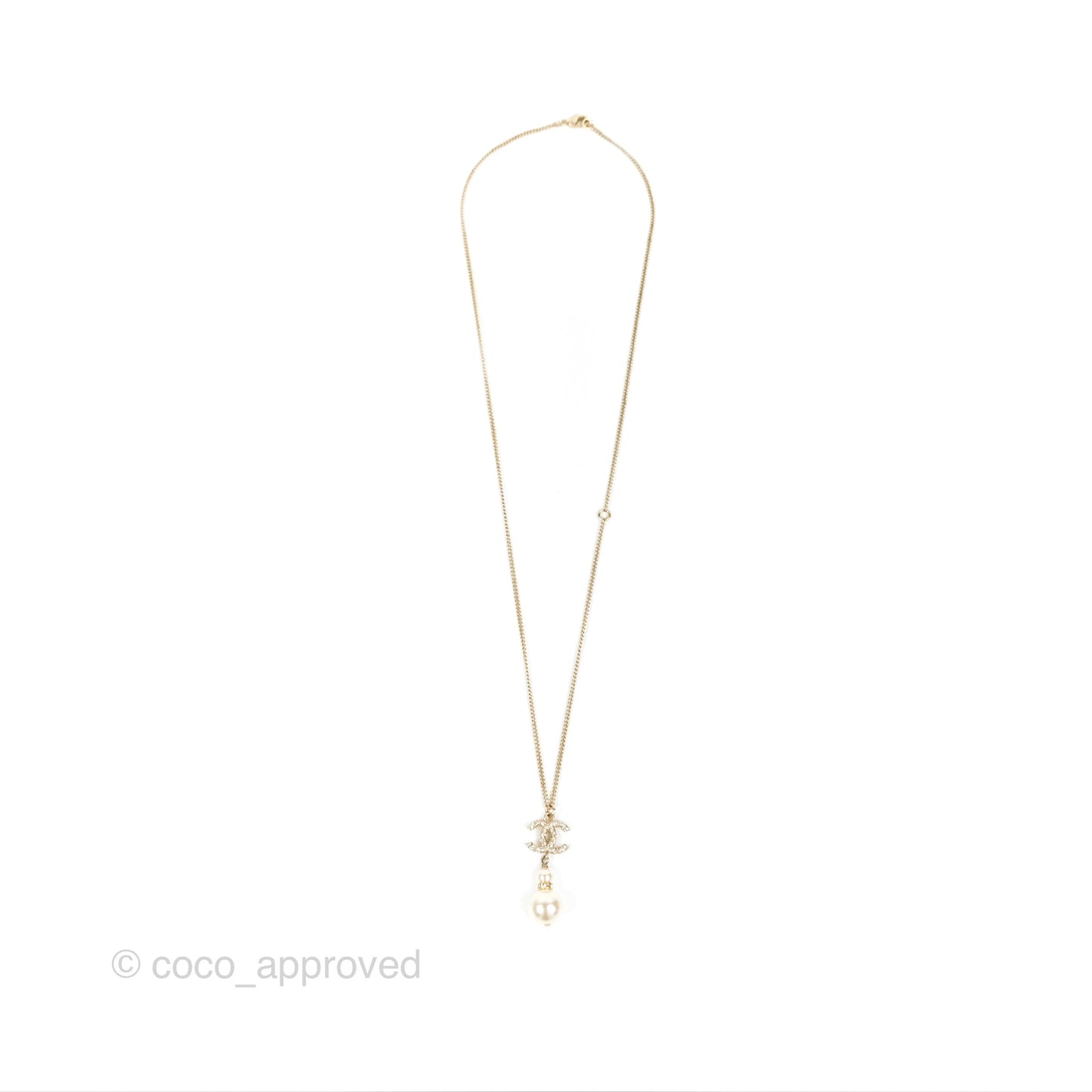 Chanel Crystal Pearl CC Drop Necklace Gold 18B
