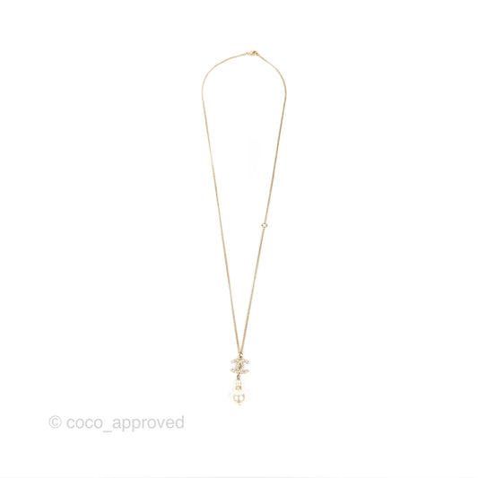 Chanel Crystal Pearl CC Drop Necklace Gold 18B