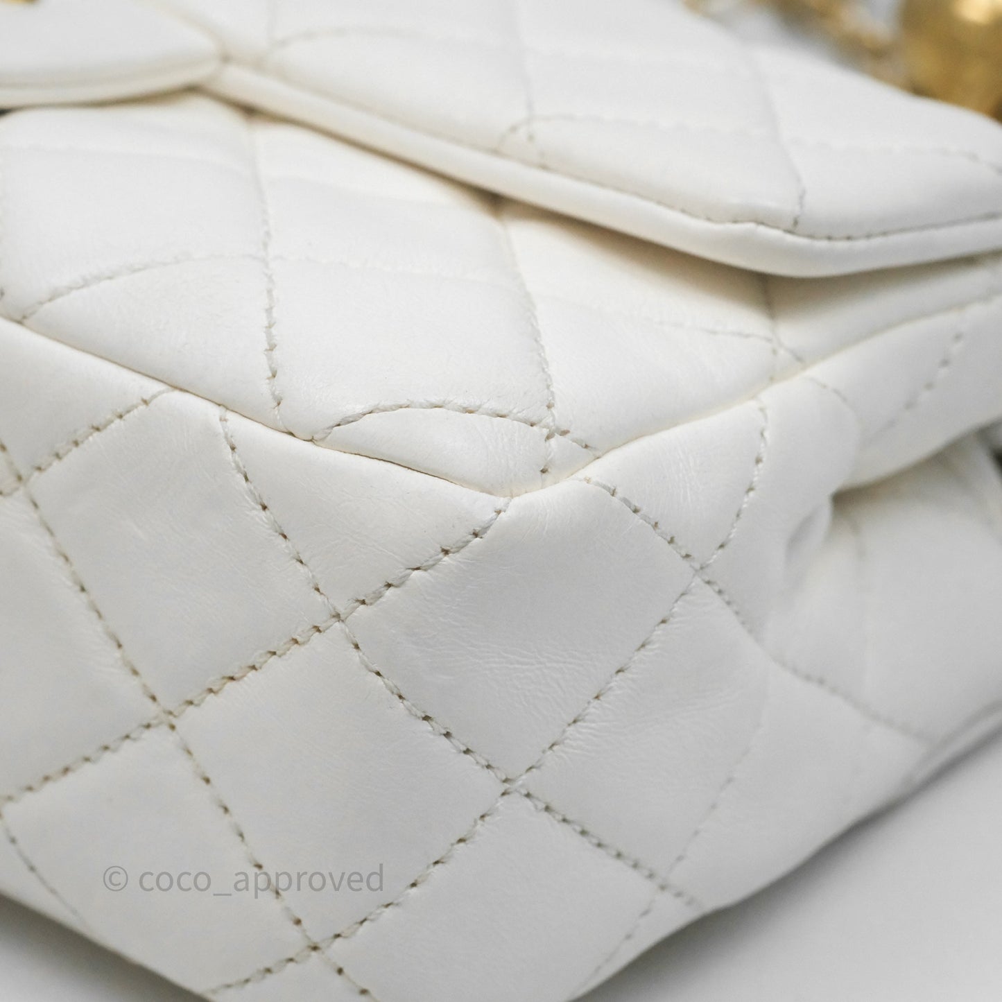 Chanel Mini Rectangular Pearl Crush Quilted White Lambskin Aged Gold Hardware