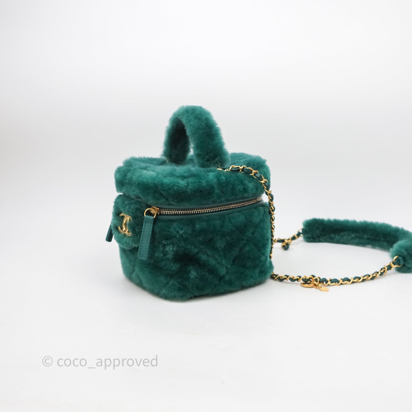 Chanel Small Vanity Case Green Shearling Aged Gold Hardware 22A