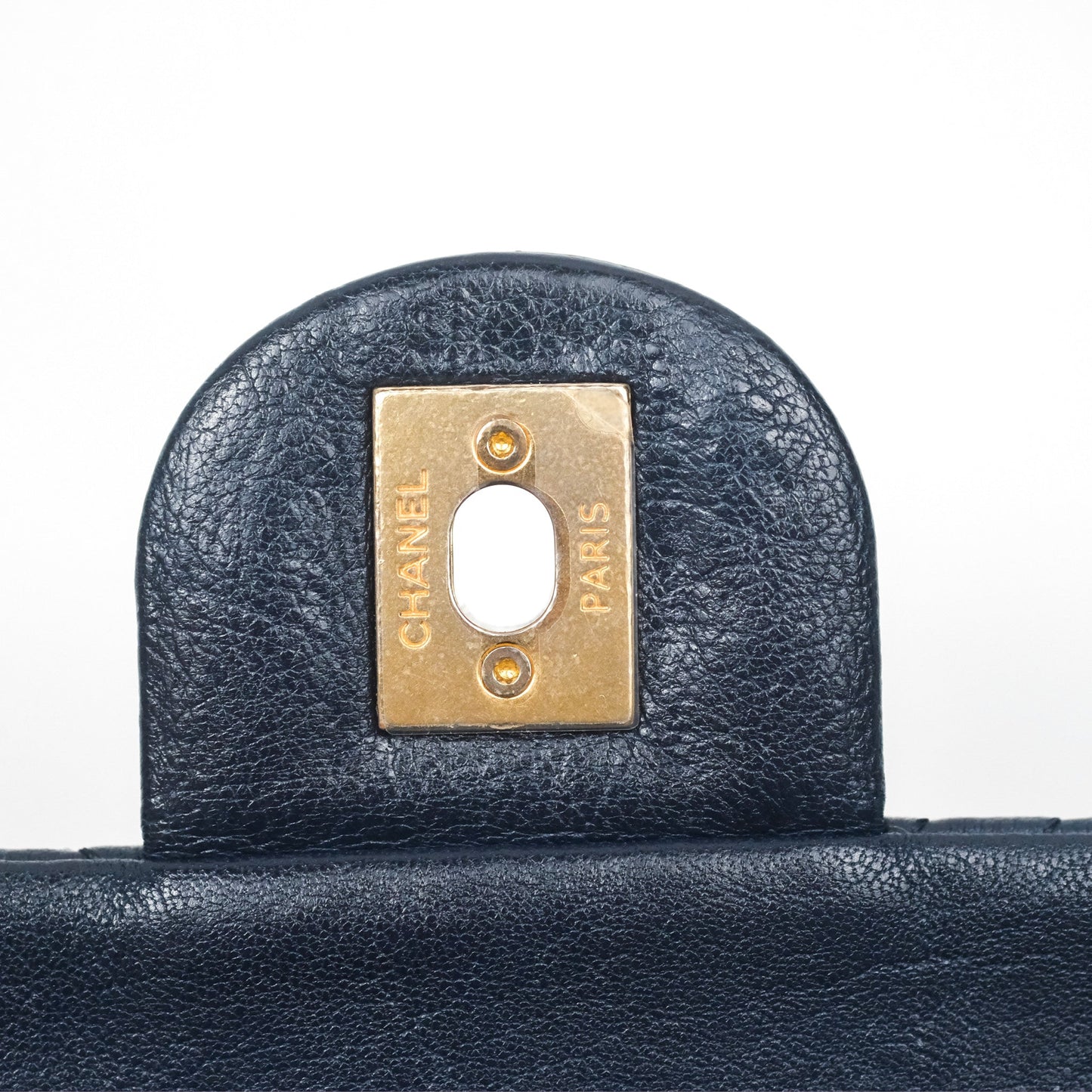 Chanel Small Chevron Surpique Flap Navy Calfskin Aged Gold Hardware