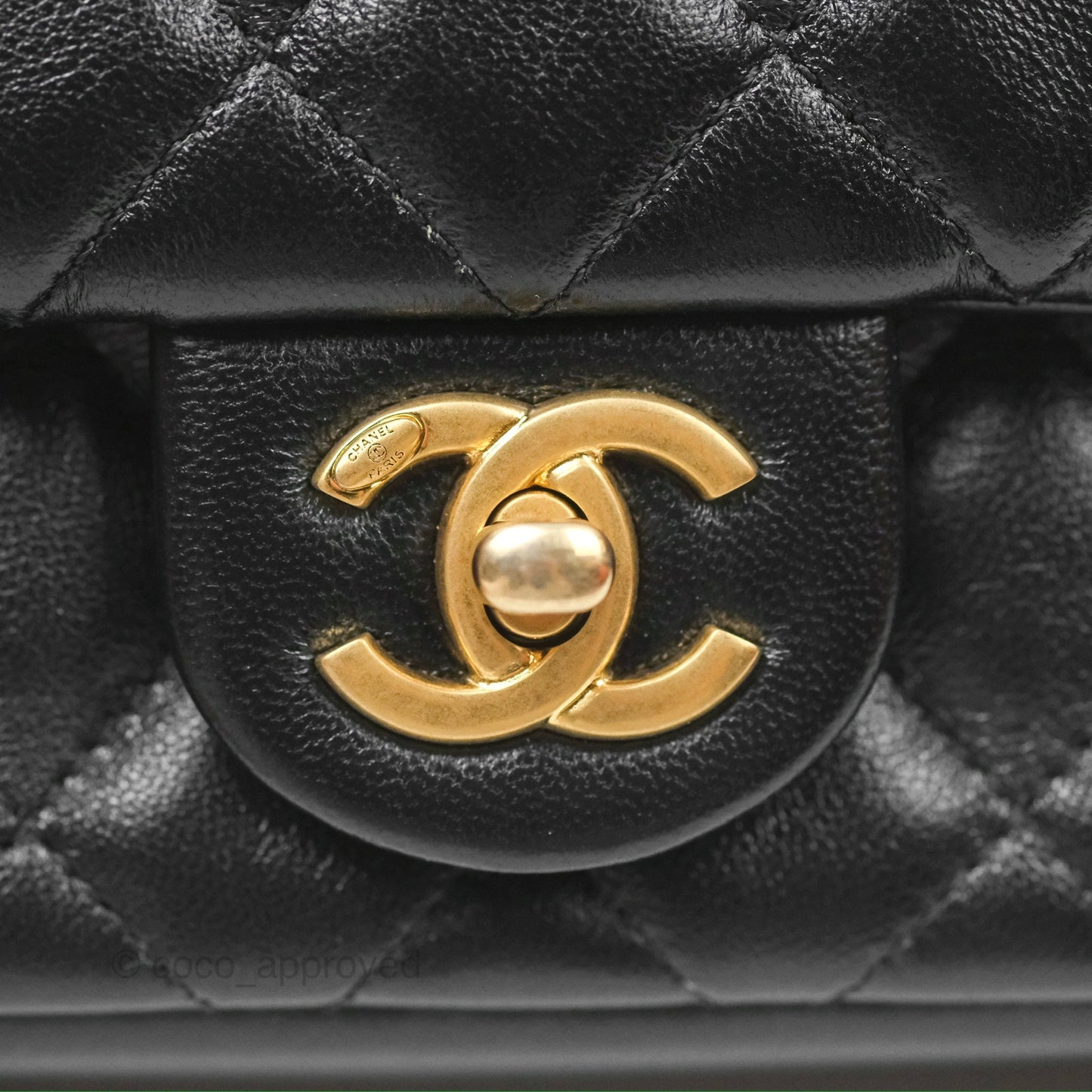 Chanel Mini Flap Bag with Pearl Chain Black Shiny Lambskin Aged Gold Hardware 24P