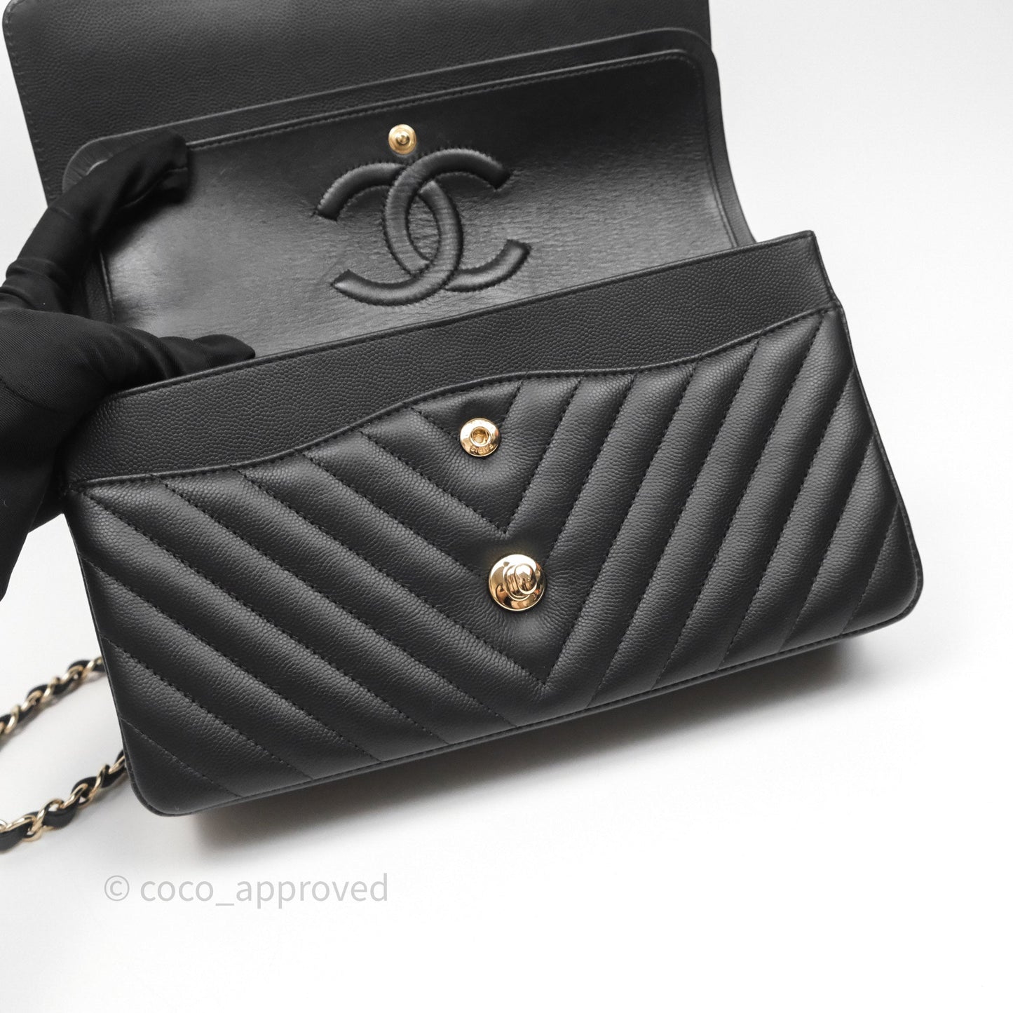 Chanel Classic M/L Medium Flap Chevron Black Caviar Gold Hardware