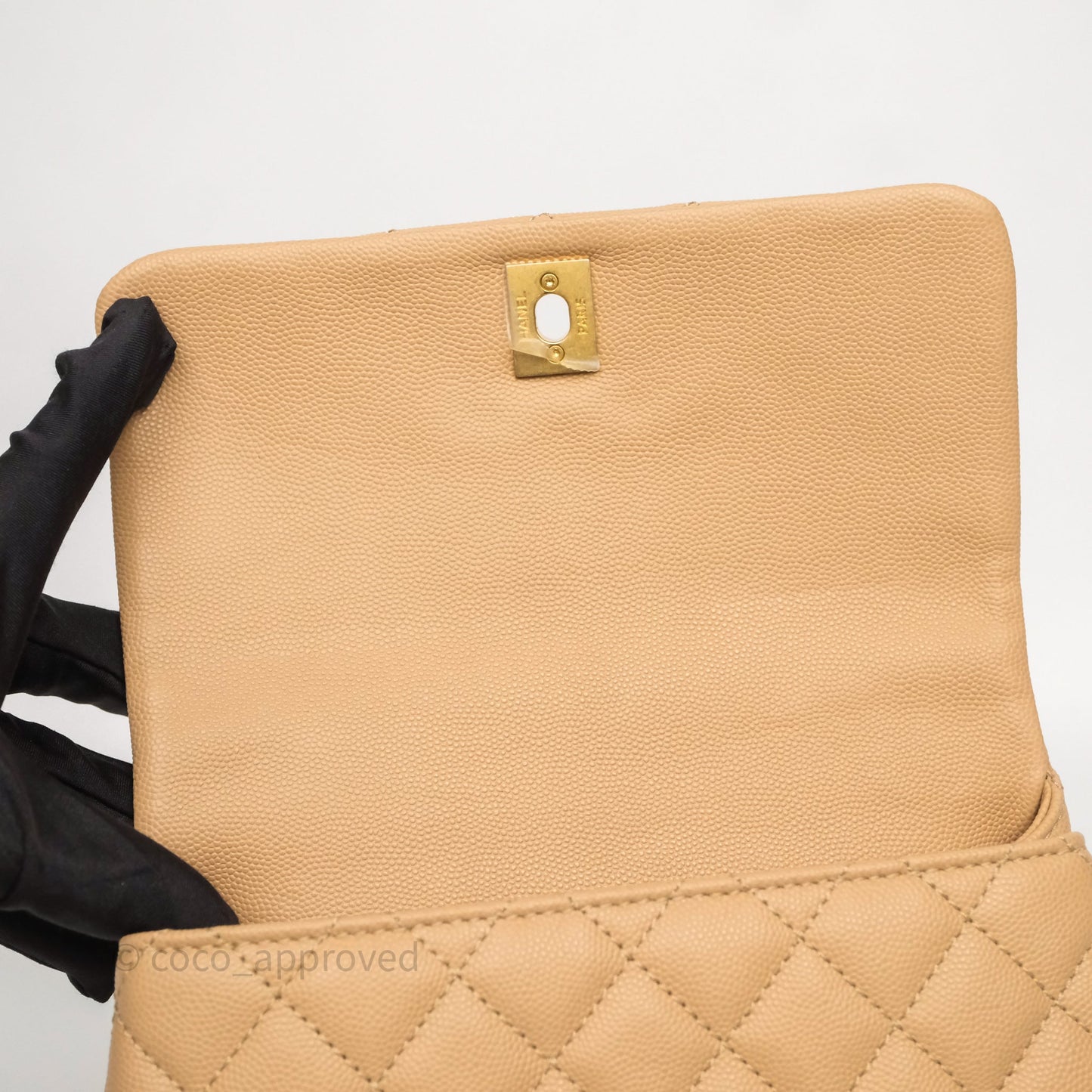 Chanel Small Coco Handle Quilted Beige Caviar Gold Hardware Lizard Handle