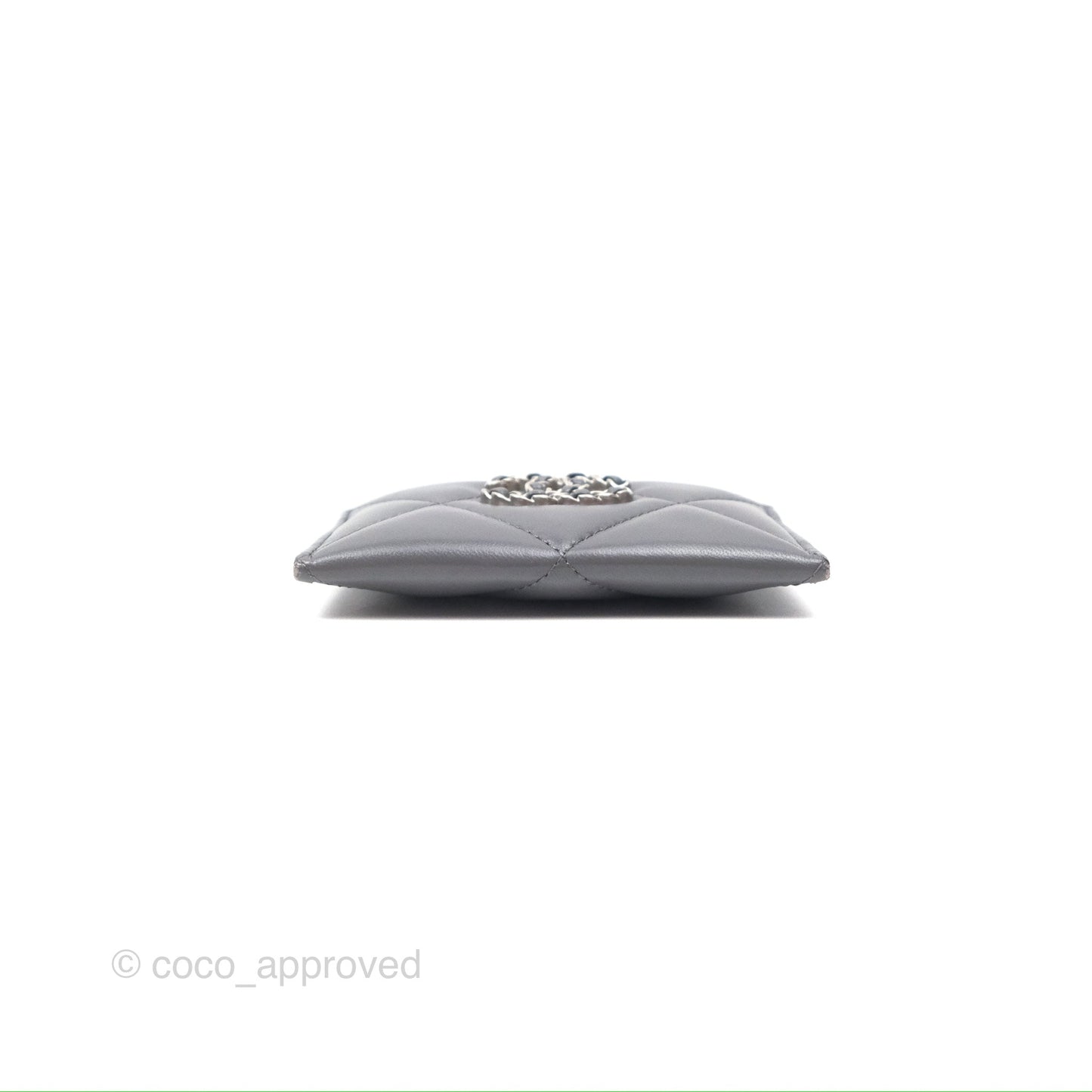 Chanel 19 Quilted Grey Flat Card Holder Silver Hardware