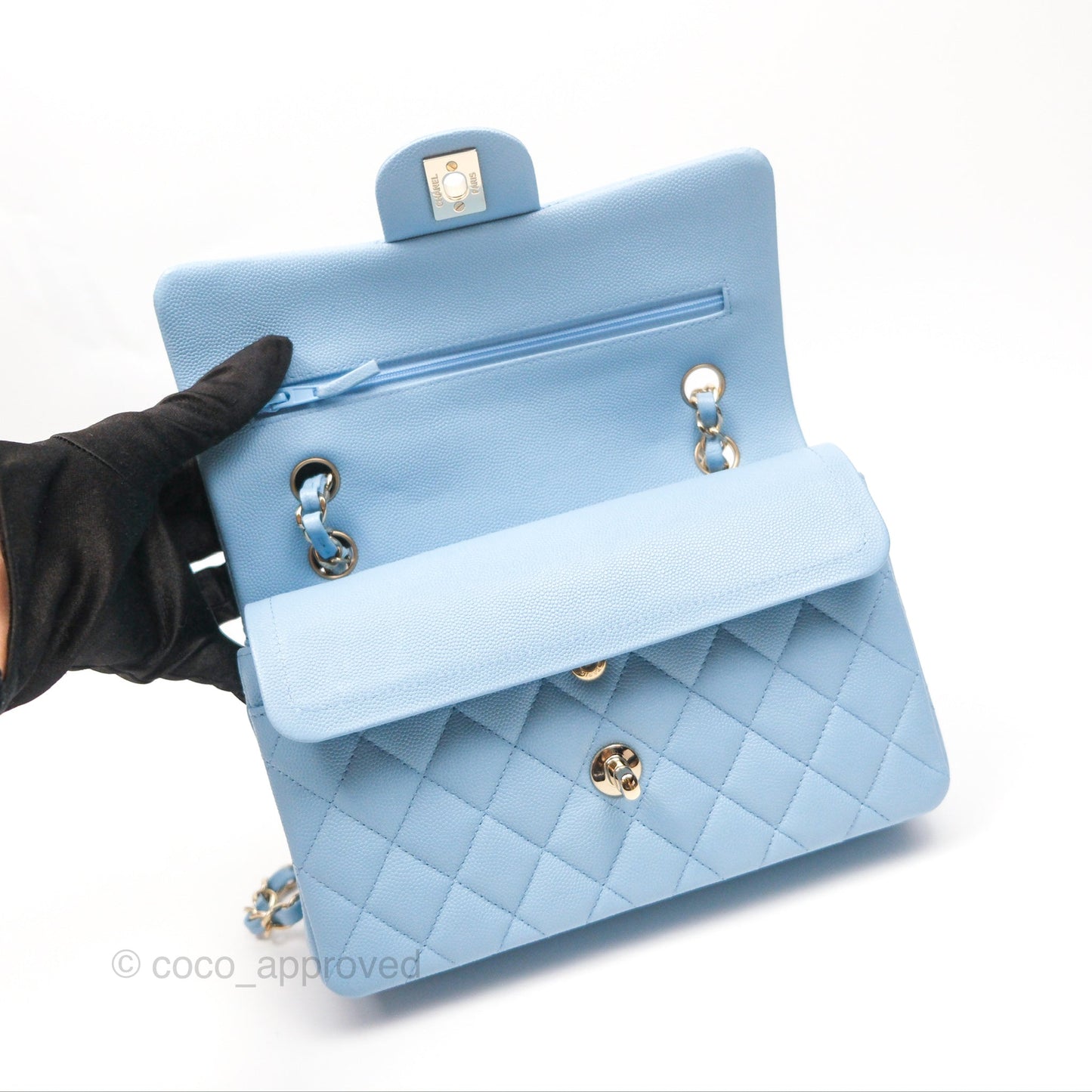 Chanel Small Classic Quilted Flap Light Blue Caviar Gold Hardware