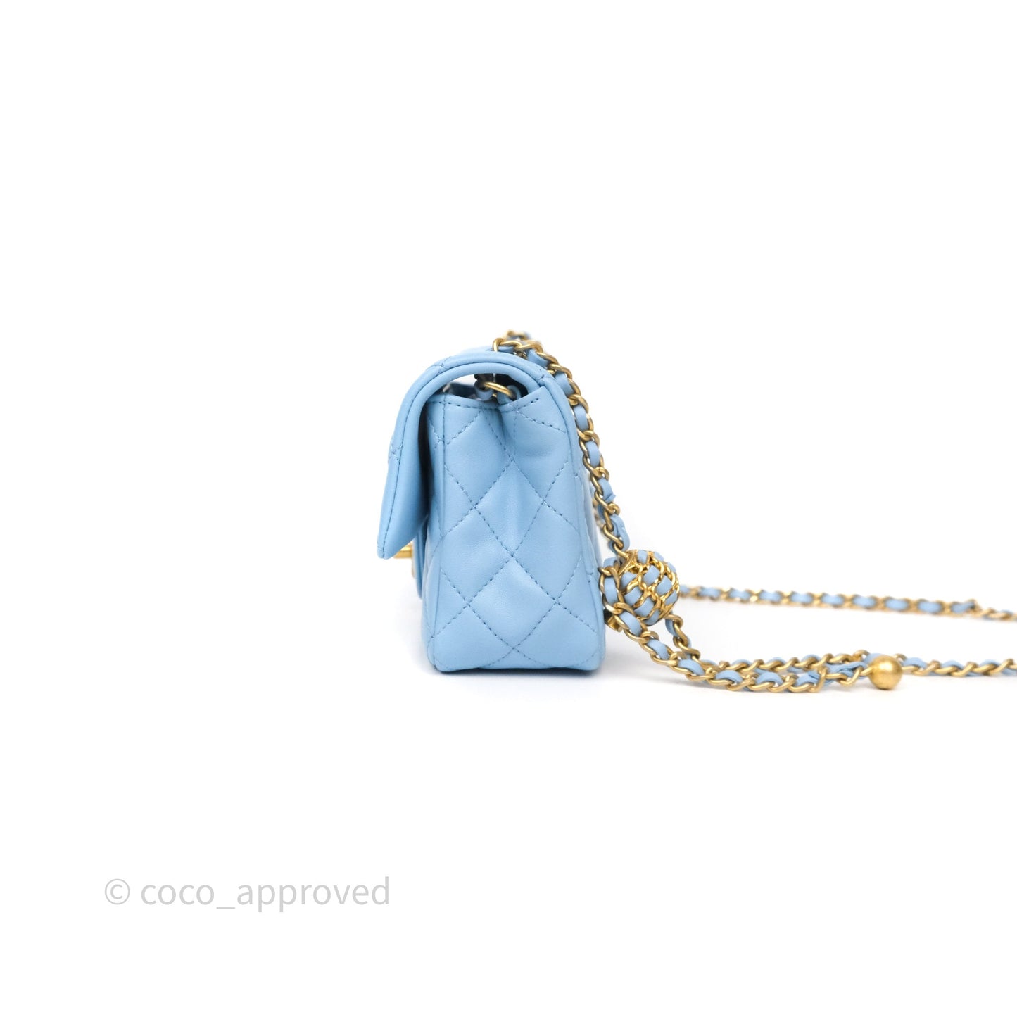 Chanel Mini Rectangular Pearl Crush Quilted Sky Blue Lambskin Aged Gold Hardware