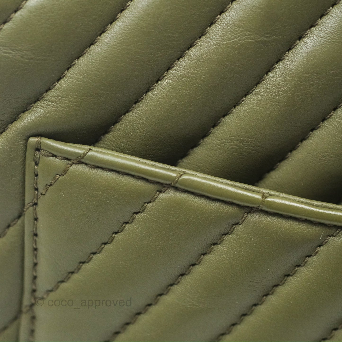 Chanel Mini Square Flap Chevron Olive Green Calfskin Gold Hardware