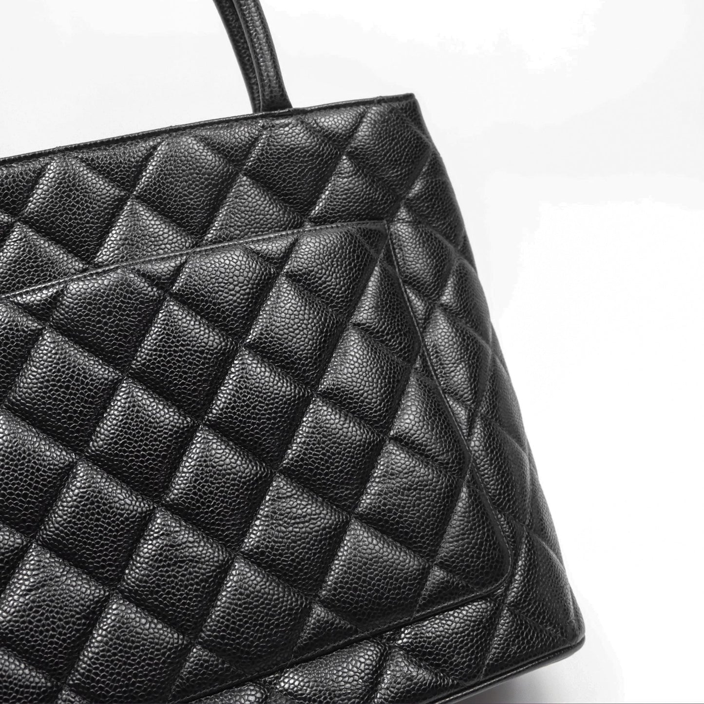Chanel Vintage Medallion CC Black Caviar Tote Bag Silver Hardware