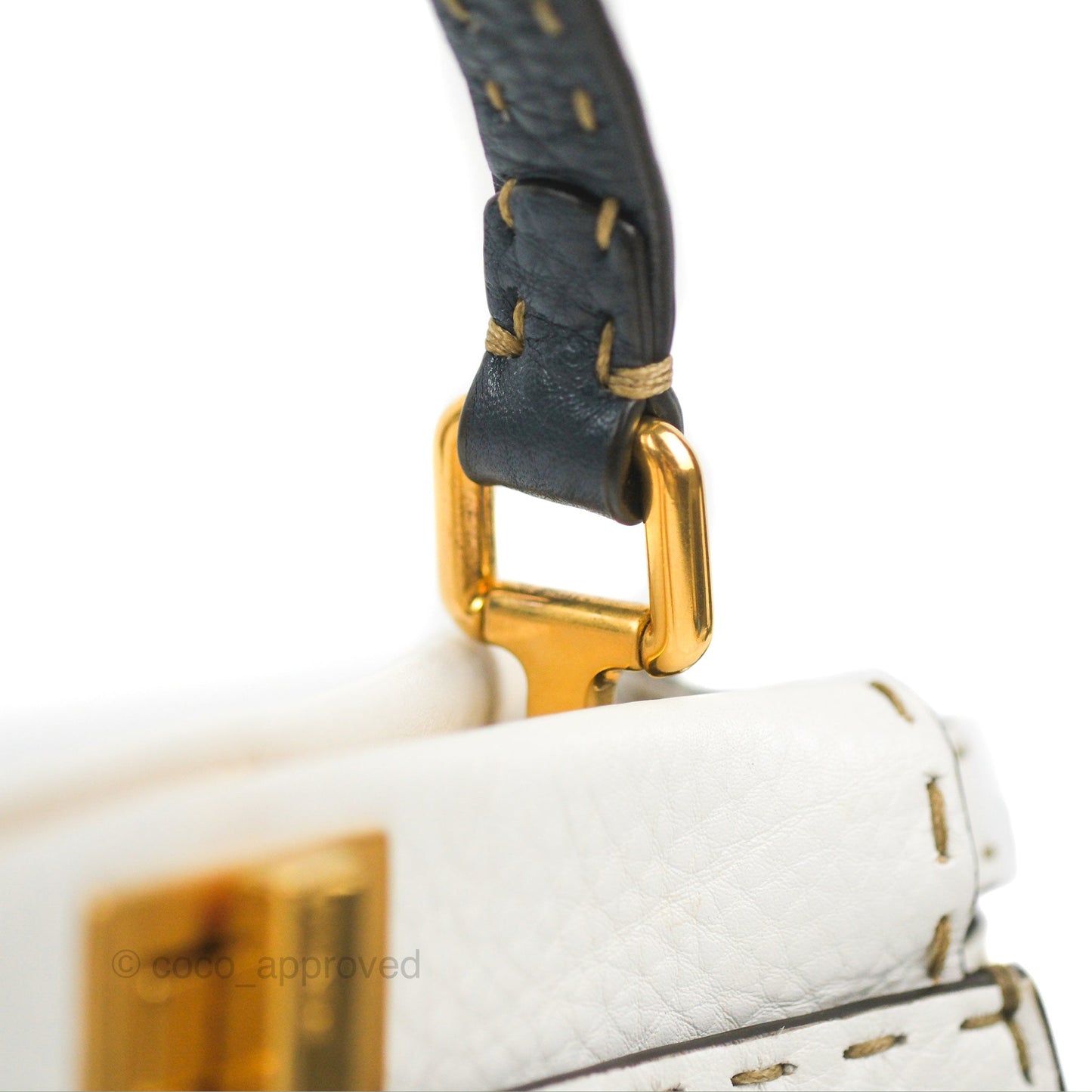 Fendi Mini Peekaboo Bag Contrast Stitch Off White/Navy Grained Leather Gold Hardware