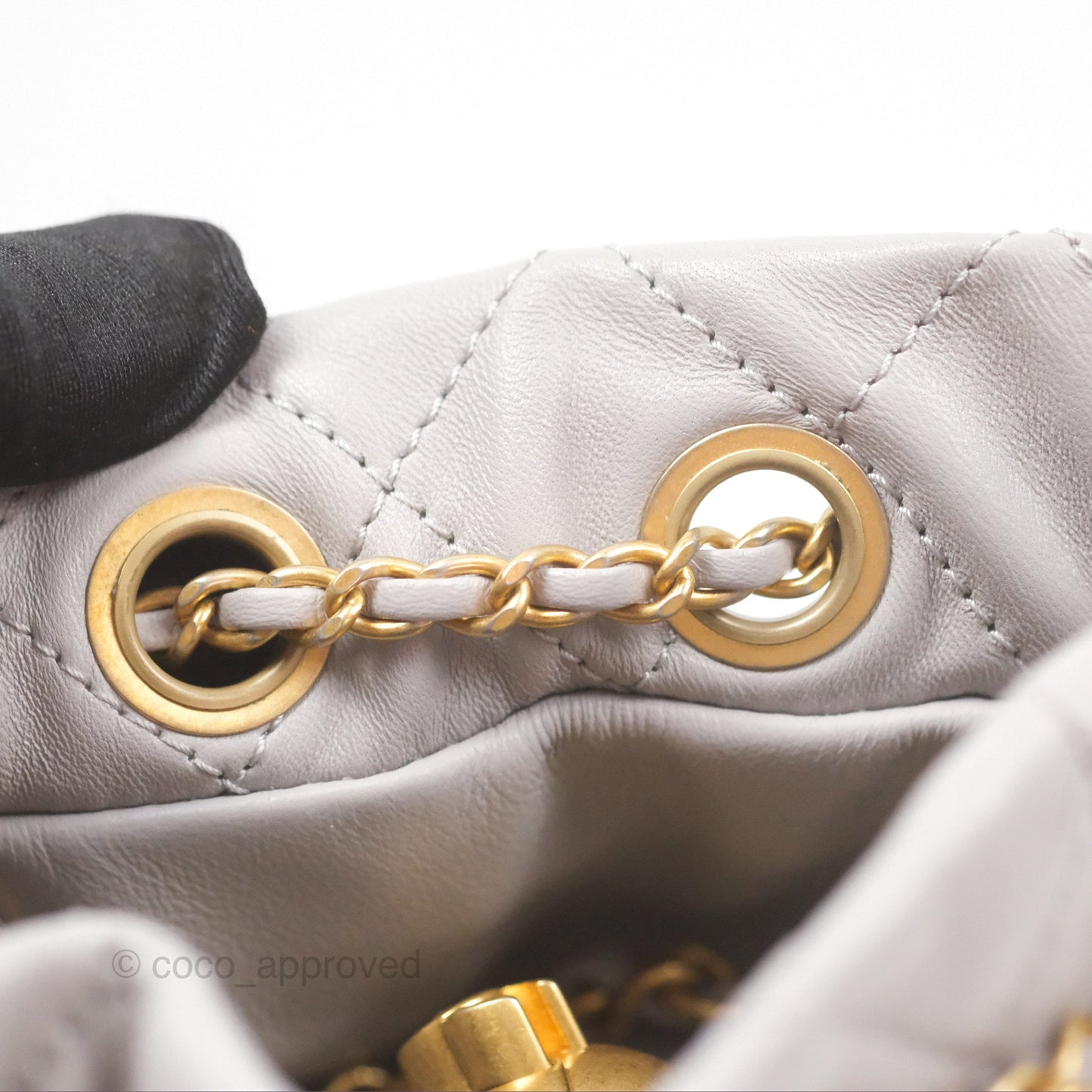 Chanel Pearl Crush Drawstring Bucket Bag Grey Lambskin Aged Gold Hardware