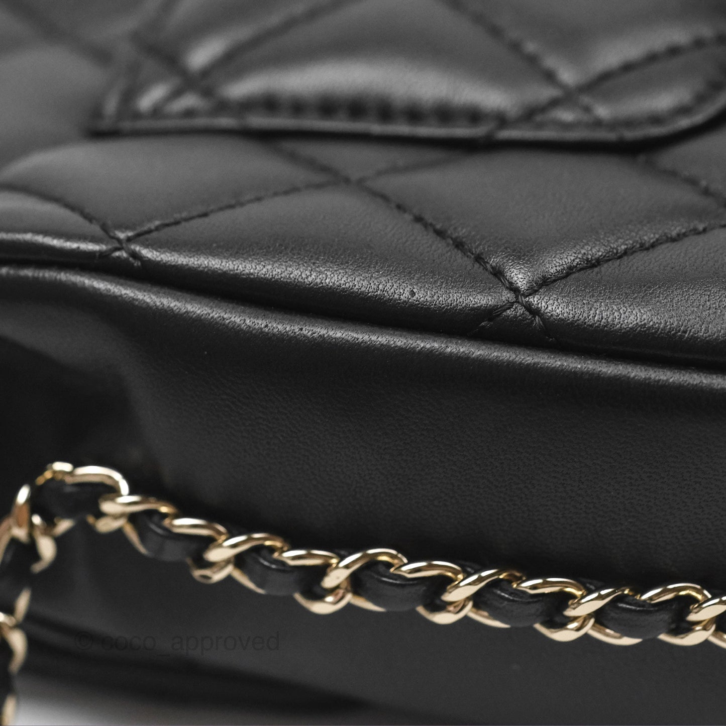 Chanel Logo Pearl Chain Flap Bag Black Lambskin Gold Hardware