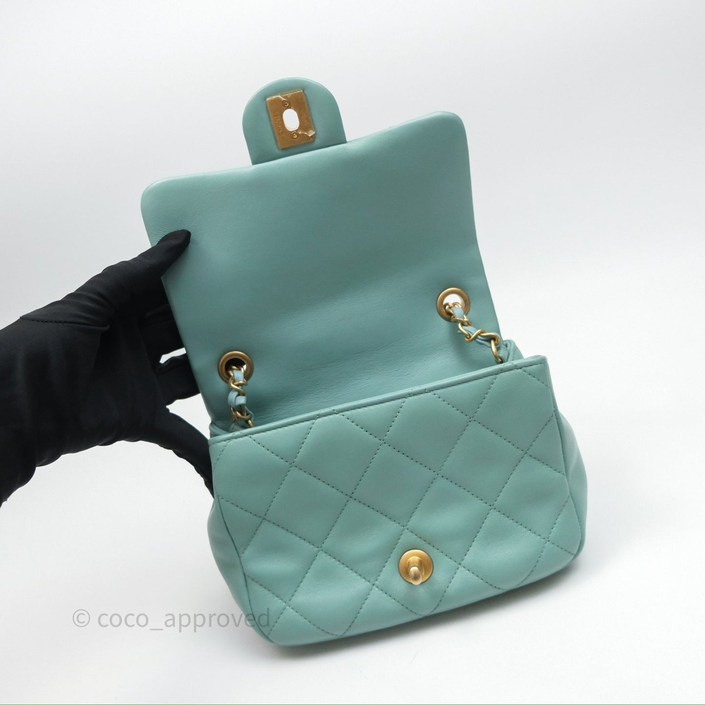 Chanel Quilted Small Circular Handle Bag Mint Green Aged Gold Hardware