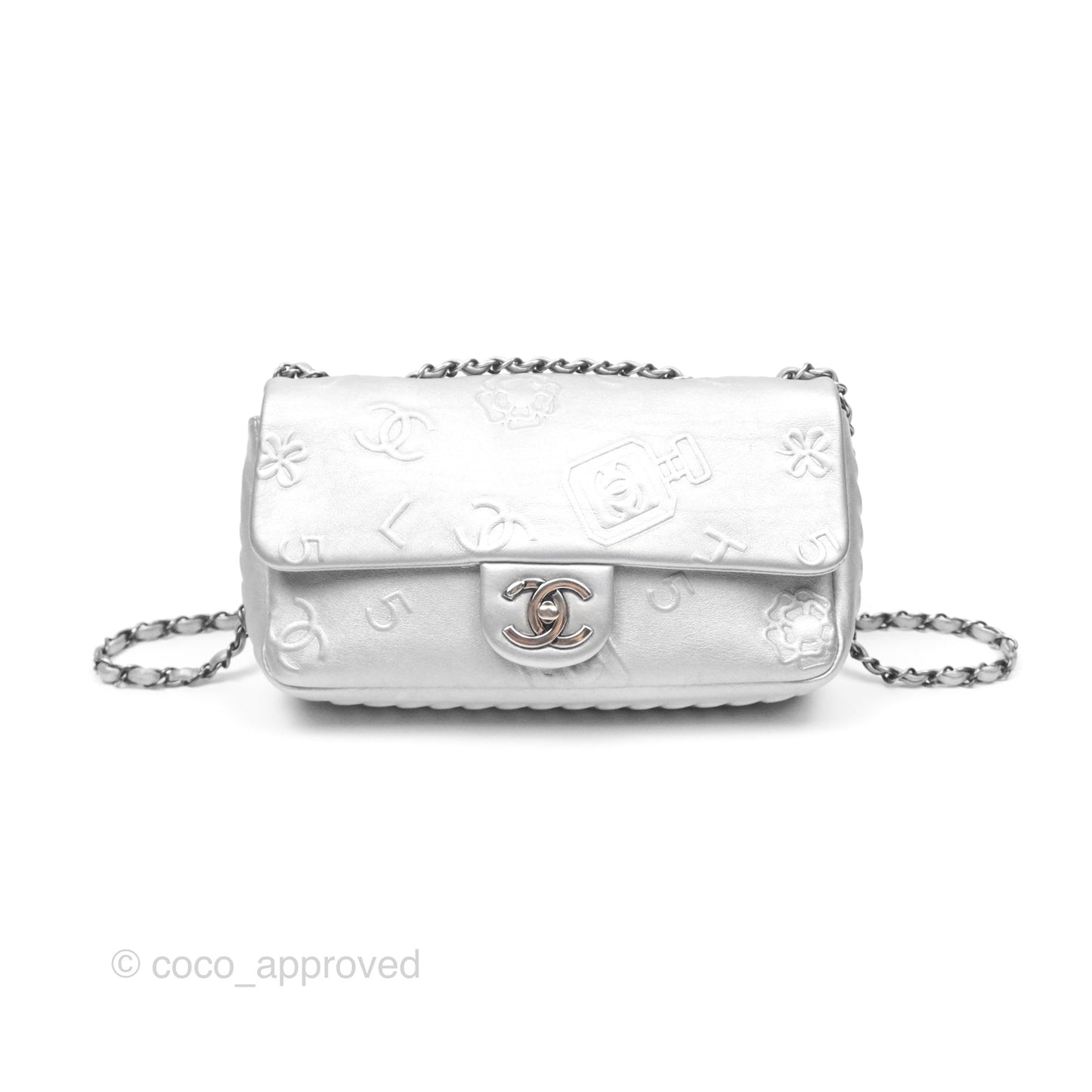 Chanel Medium Single Flap Embossed Metallic Silver Lambskin Ruthenium Hardware