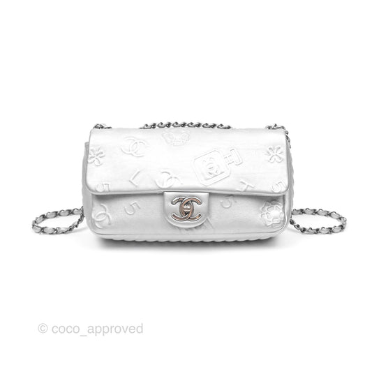 Chanel Medium Single Flap Embossed Metallic Silver Lambskin Ruthenium Hardware